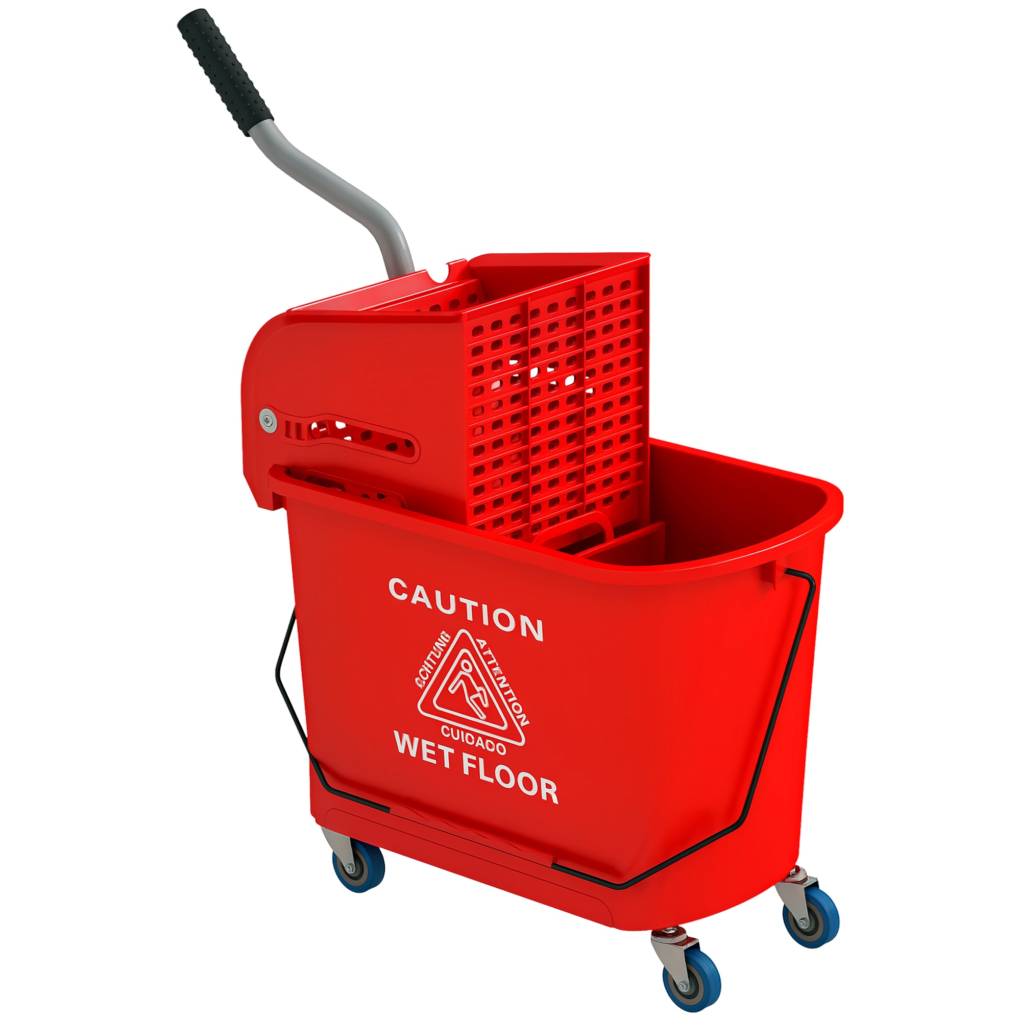 HOMCOM Mop Buckets ar riteņiem 20 L ietilpība ar izspiedēju un transporta rokturi mājas un komerciālai lietošanai, sarkanā krāsā