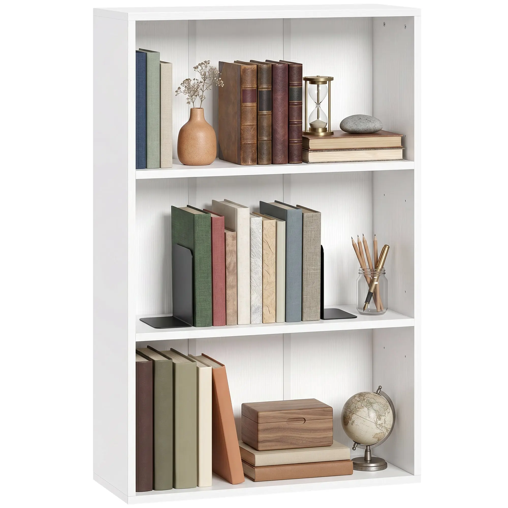 3-Compartment Storage Bookcase with Adjustable Shelf, Storage Unit for Office, Living Room, Bedroom, 60 x 24 x 93 cm, White