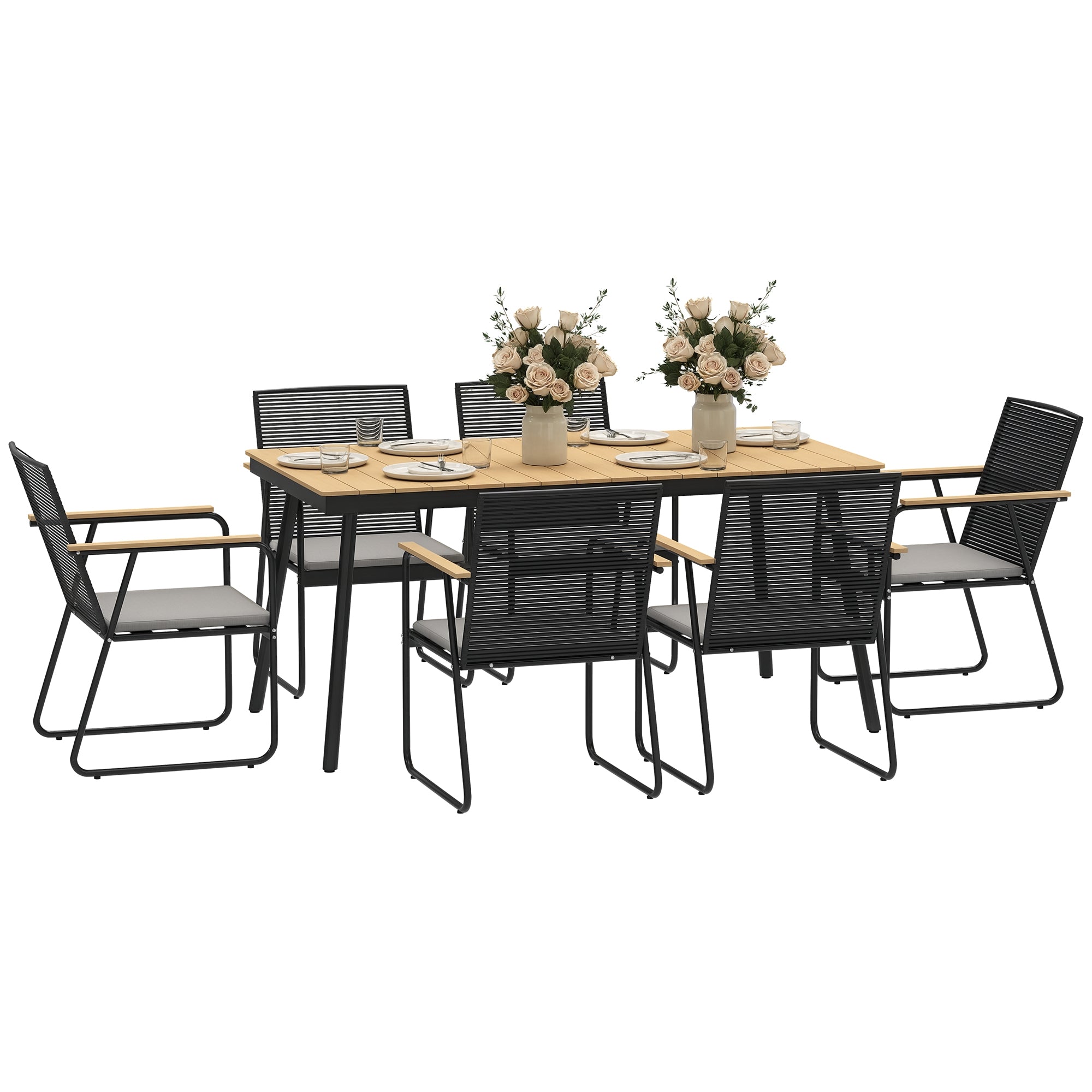 Outsunny 7-Delige Metalen Eetset voor 6 Personen - Eettafel met 6 Stoelen - Keuken Tafelset - Metalen Frame Balkonmeubels - Tuinmeubilair voor Patio en Balkon - Natuurlijk Hout