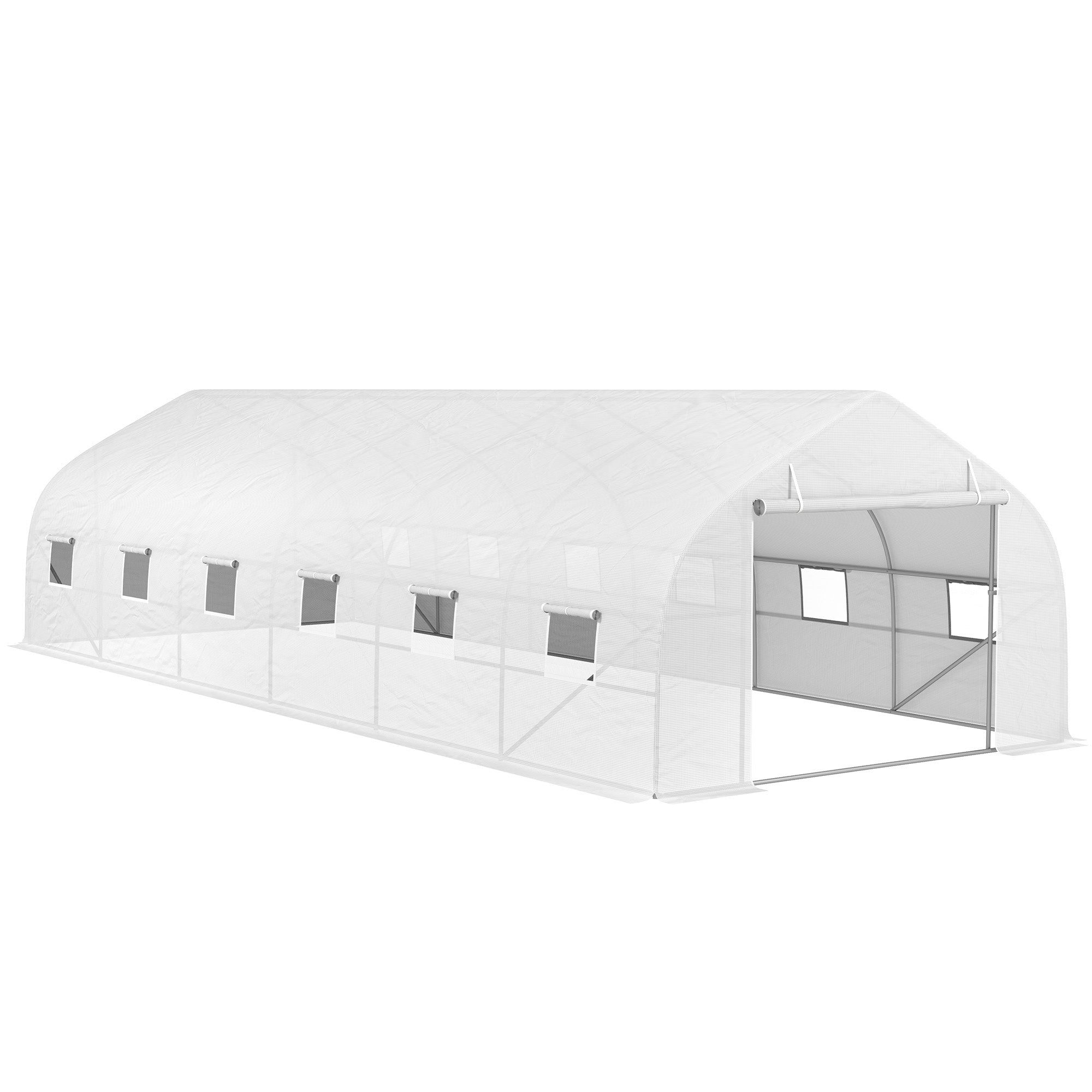 Outsunny Tunneles Üvegház 24 m² PE Borítással, Galvanizált Acél Keret Ø 24 mm, 12 Zöld Ablakkal és Roller Ajtóval, 8 x 3 x 2 m Fehér