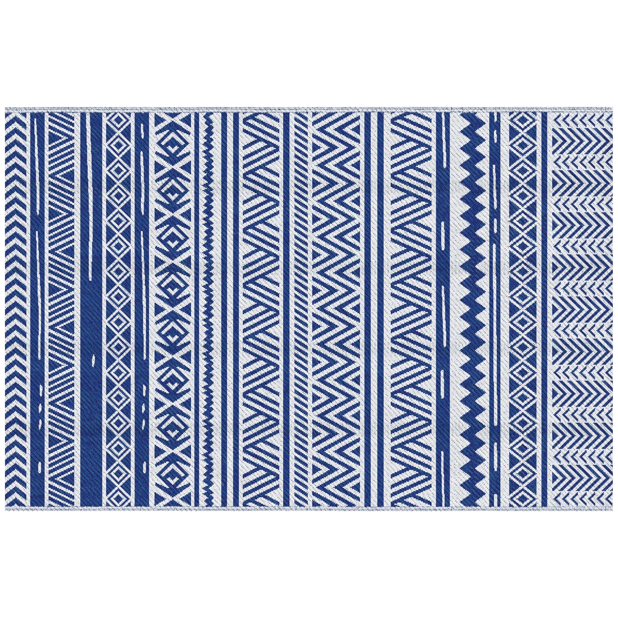 Outsunny Lauko Kilimas 182x274 cm Pakeičiamas Kilimas su Geometriniu Raštu, Atsparus Vandeniui, Terasai, Balkonui, Kiemui, Stovyklavimui, Paplūdimiui, Tamsiai Mėlynas ir Baltas