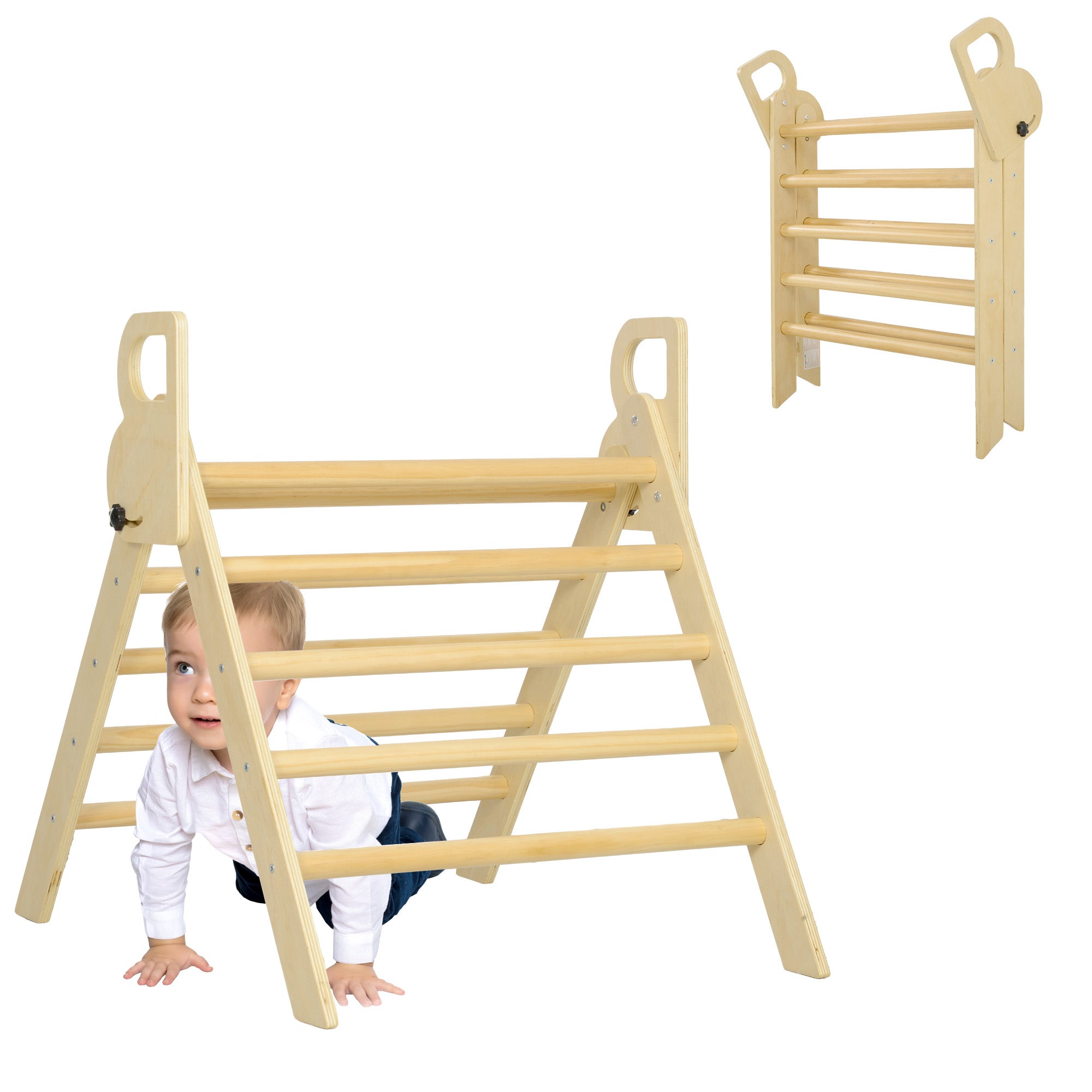 Triangle de grimpe en bois pliable AIYAPLAY pour enfants de 18 à 48 mois, pour cultiver l'équilibre et les compétences de coordination 82x66 cm Naturel