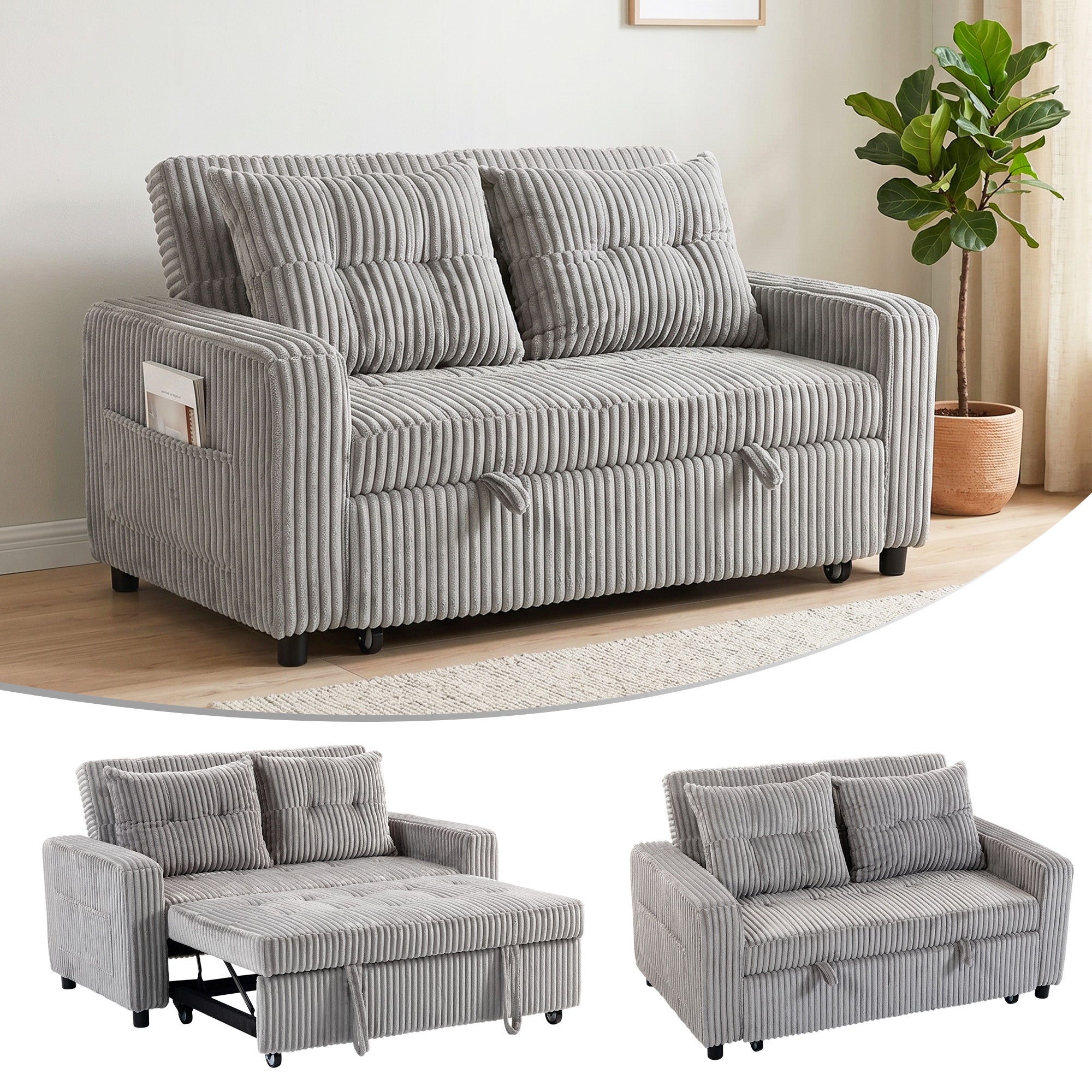 HOMCOM 2-zits slaapbank met bedfunctie, ribfluweel bekleding, lichtgrijs
