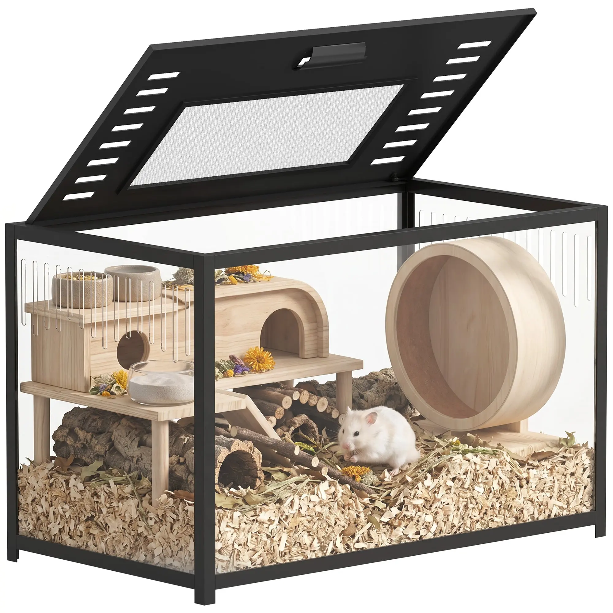 Metal Hamster Cage with Deep Base - Transparent 360° Panoramic View Rodent Habitat, Lift-Up Lid, Side Vents - For Syrian & Dwarf Hamsters, 31.5 x 17.7 x 19.9 in (80 x 45 x 50.5 cm), Black