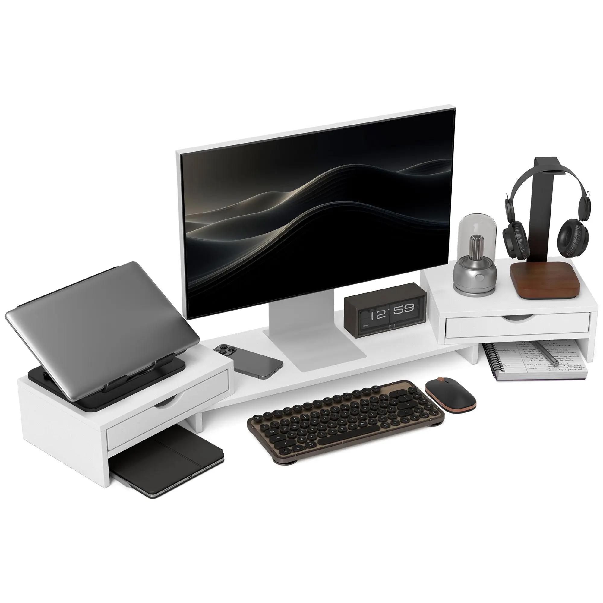 Monitor Riser Adjustable Angle and Length Monitor Stand with 2 Drawers Desktop Monitor Stand for Laptop Computer PC 60-116x22x12 cm White