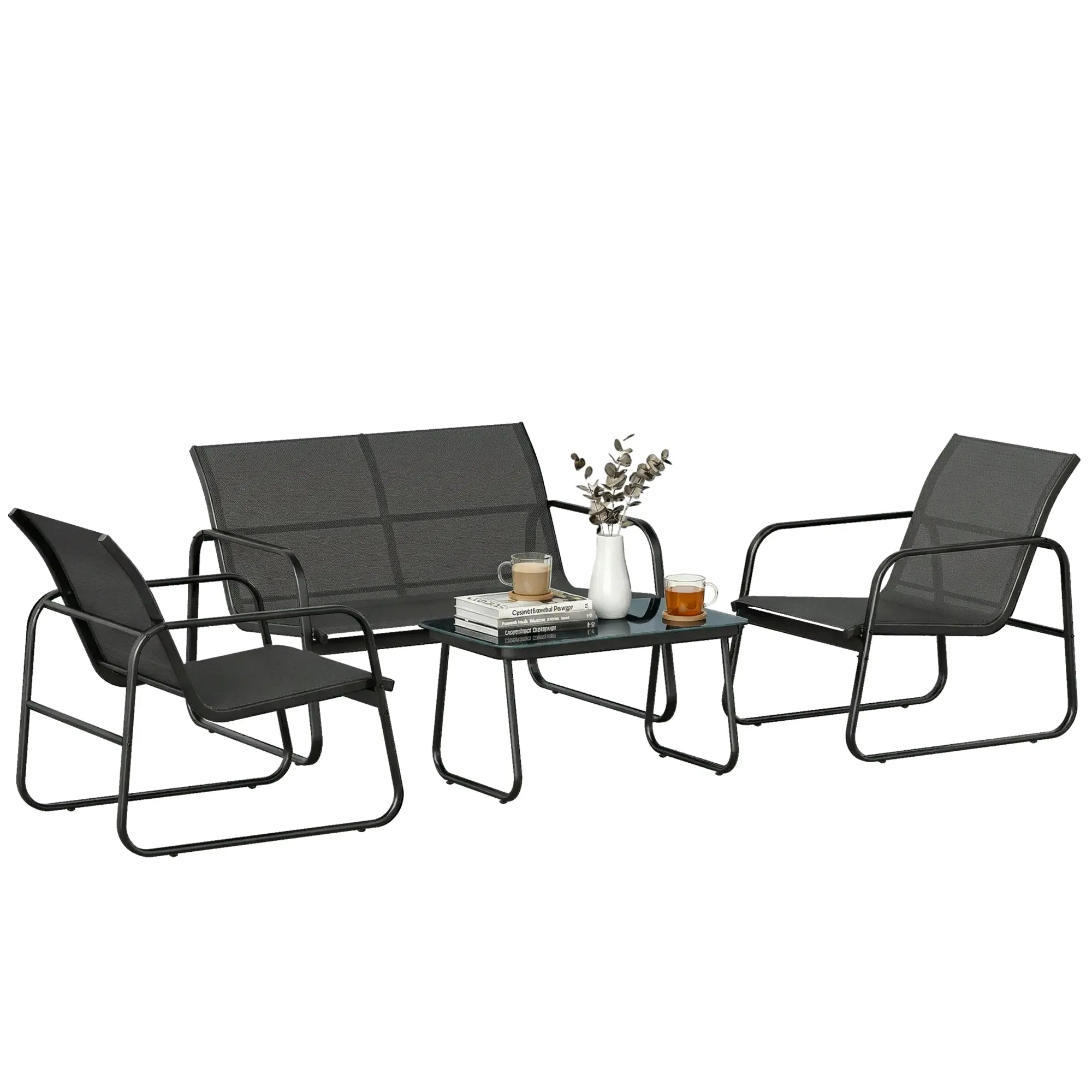 4-Piece Outdoor Patio Set — 2-Seat Sofa, 2 Armchairs & Tempered Glass Table, Breathable Textilene, Steel Frame, Dark Gray