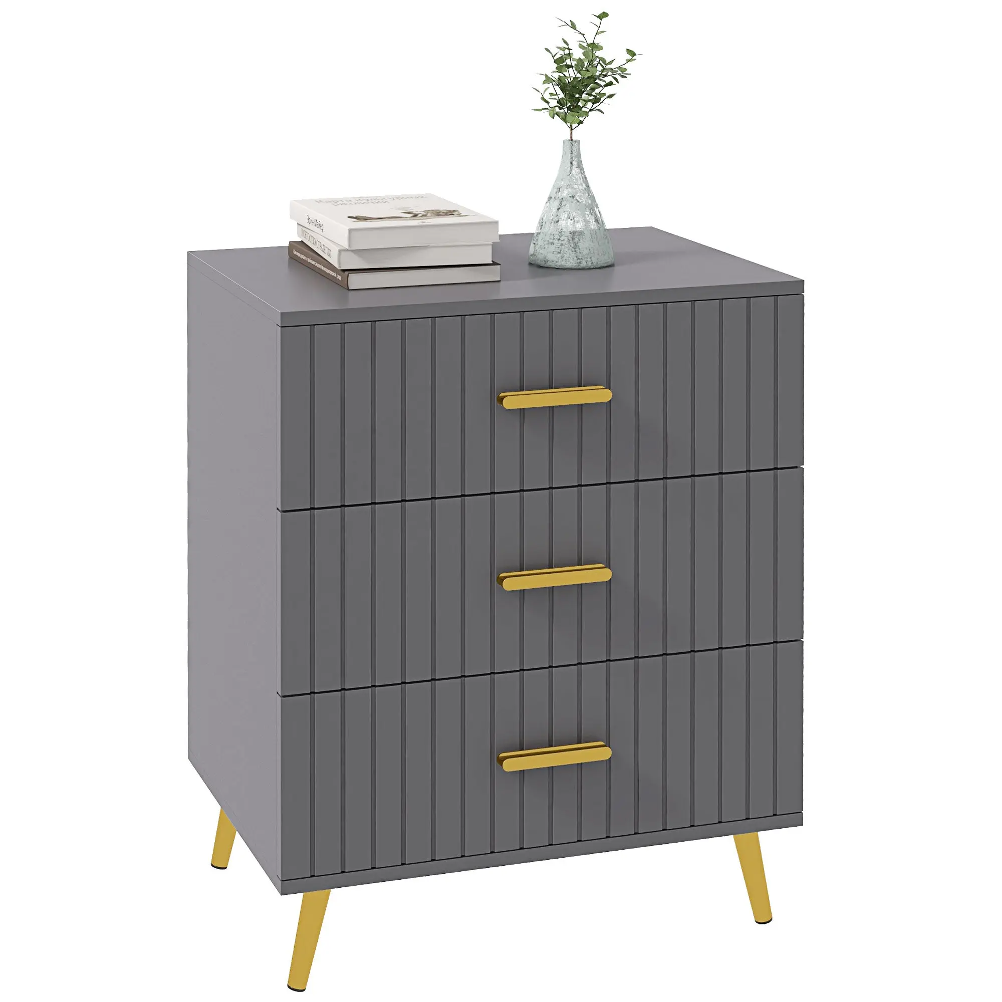 3-Drawer Modern Anti-Tip Dresser, Wood and Aluminum Dresser, 60x40x71.5 cm, Gold and Dark Grey