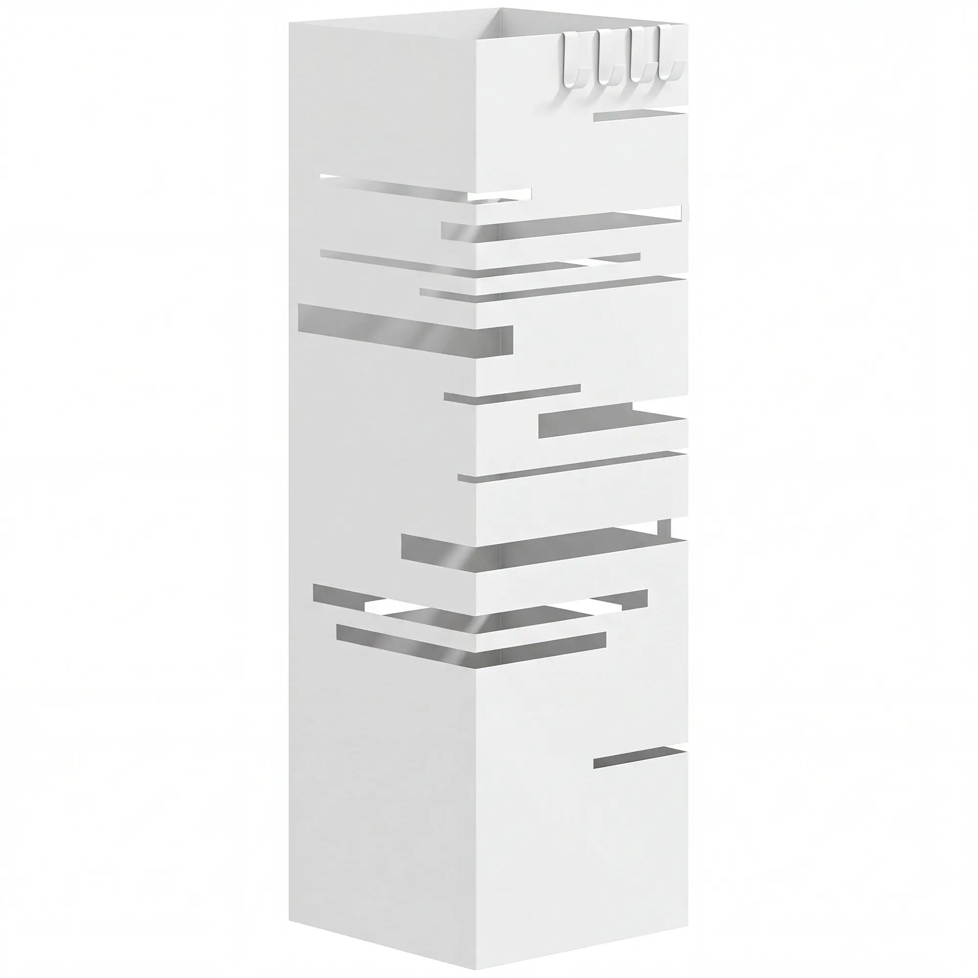 Metal Umbrella Stand with 4 Hooks & Removable Drip Tray, White — For Entryway & Office, 6.1 x 6.1 x 19.3 in