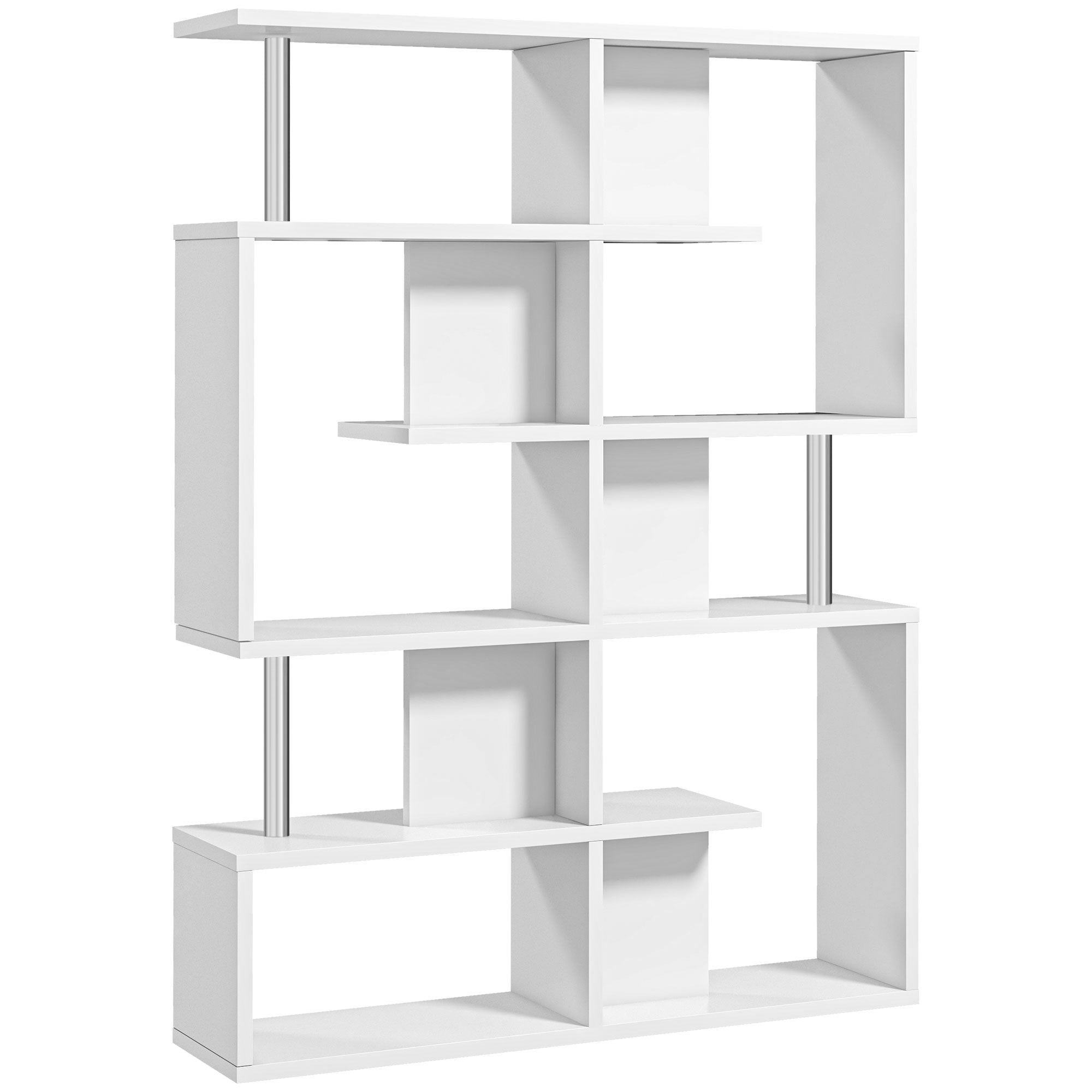 HOMCOM S-Alakú Könyvespolc 5-Szintes Modern Dizájn, Nappali, Iroda, Lounges, Fa, Fehér, 120 x 28,6 x 160 cm