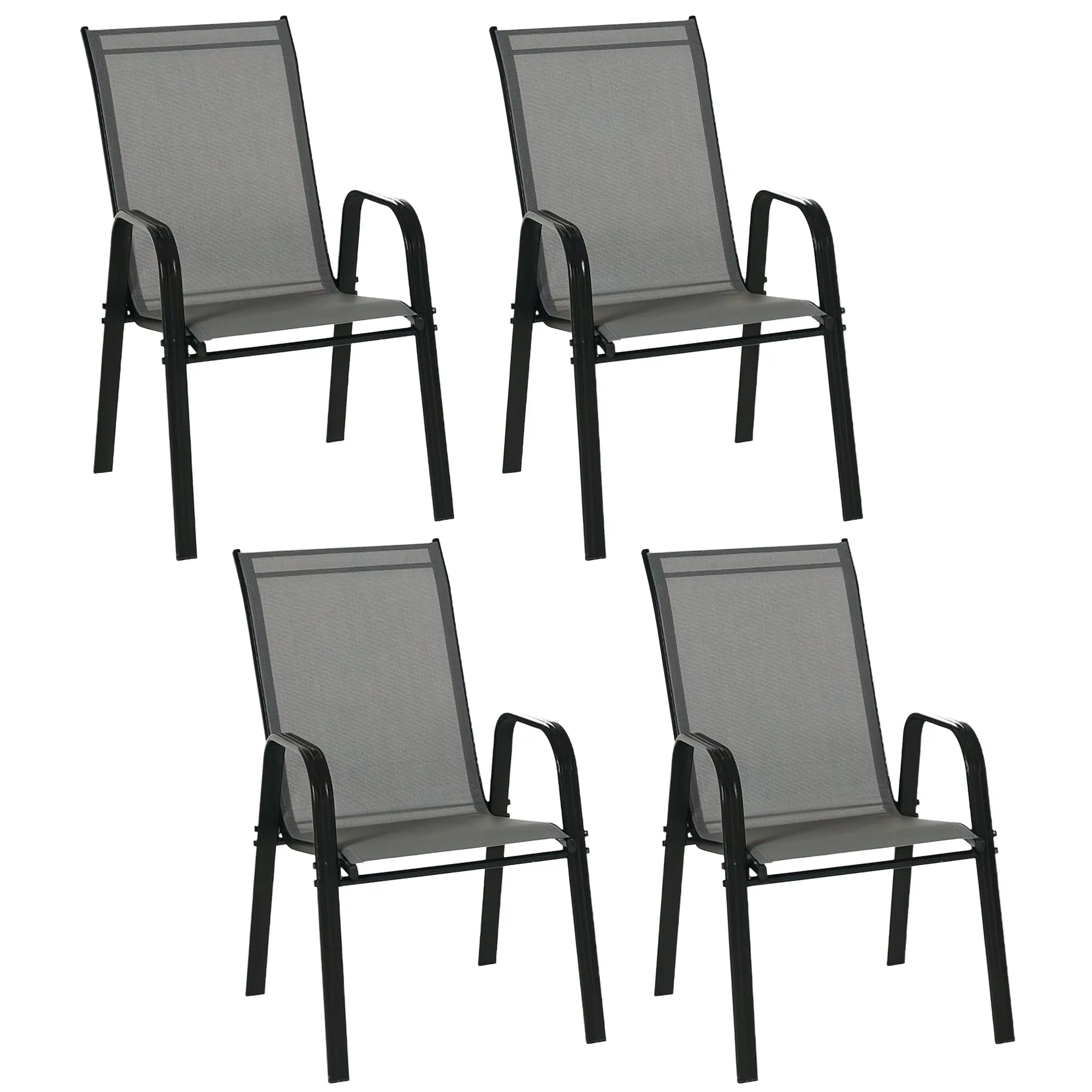 Set of 4 Garden Chairs Outdoor Terrace Chairs Stackable Dining Chair with Breathable Fabric Metal Frame Armrests and Backrest 54x75.5x95 cm Dark Gray