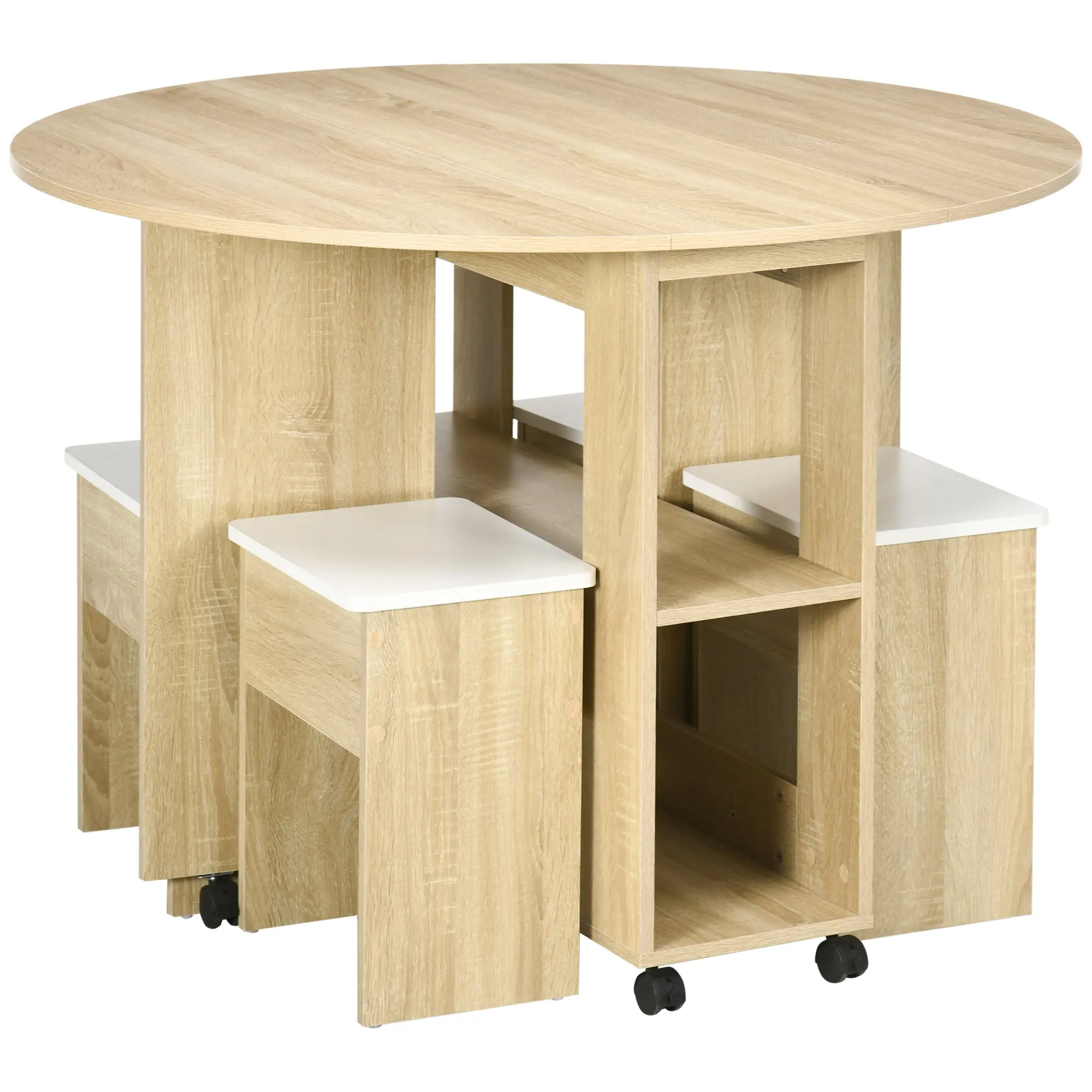 5-Piece Oak Veneer Table and Chairs Set, Foldable Round Table with 2 Open Shelves and 4 Oak Stools