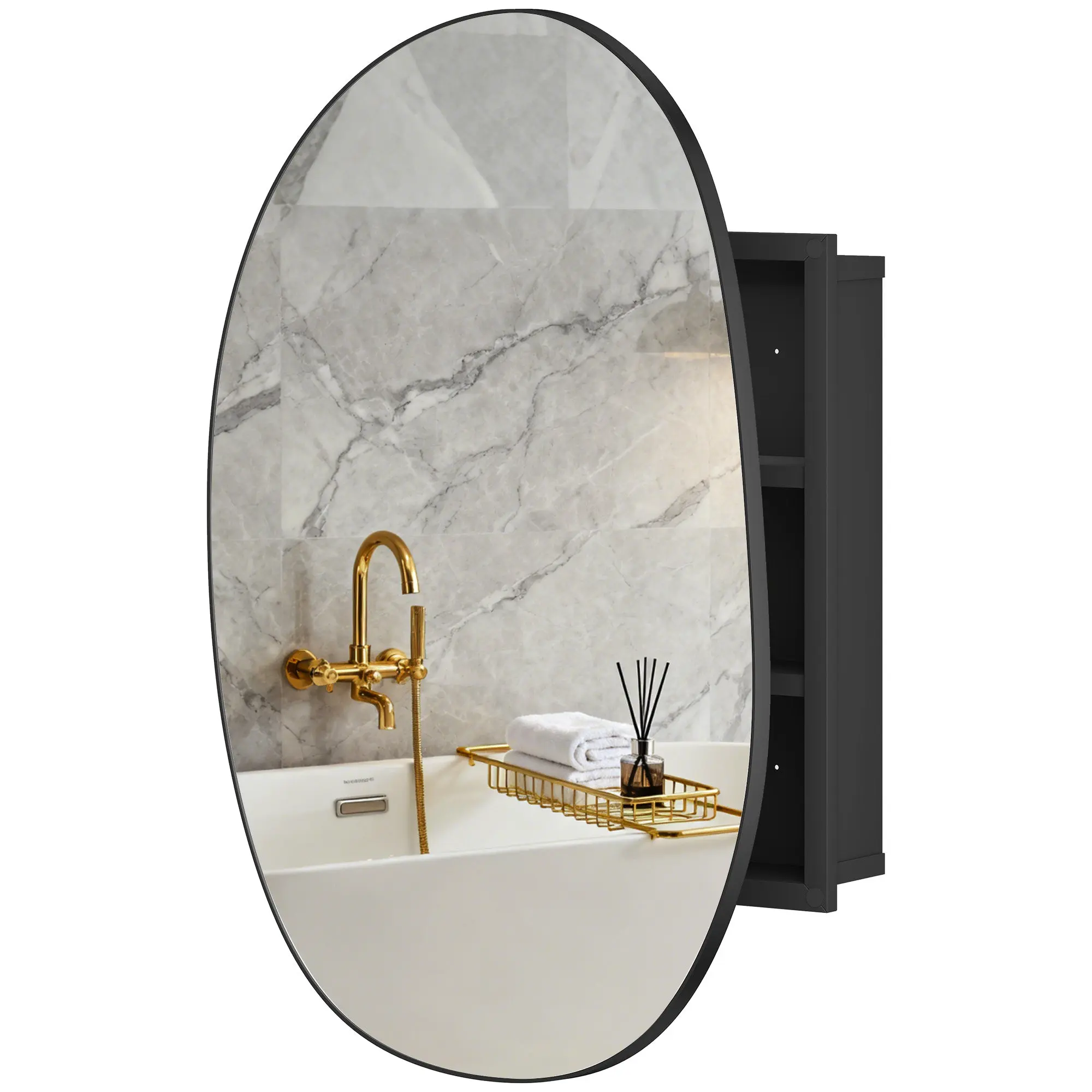 Irregular Bathroom Mirror Cabinet with 3 Shelves, 24 x 4.7 x 31 in (61 x 12 x 79 cm), Black