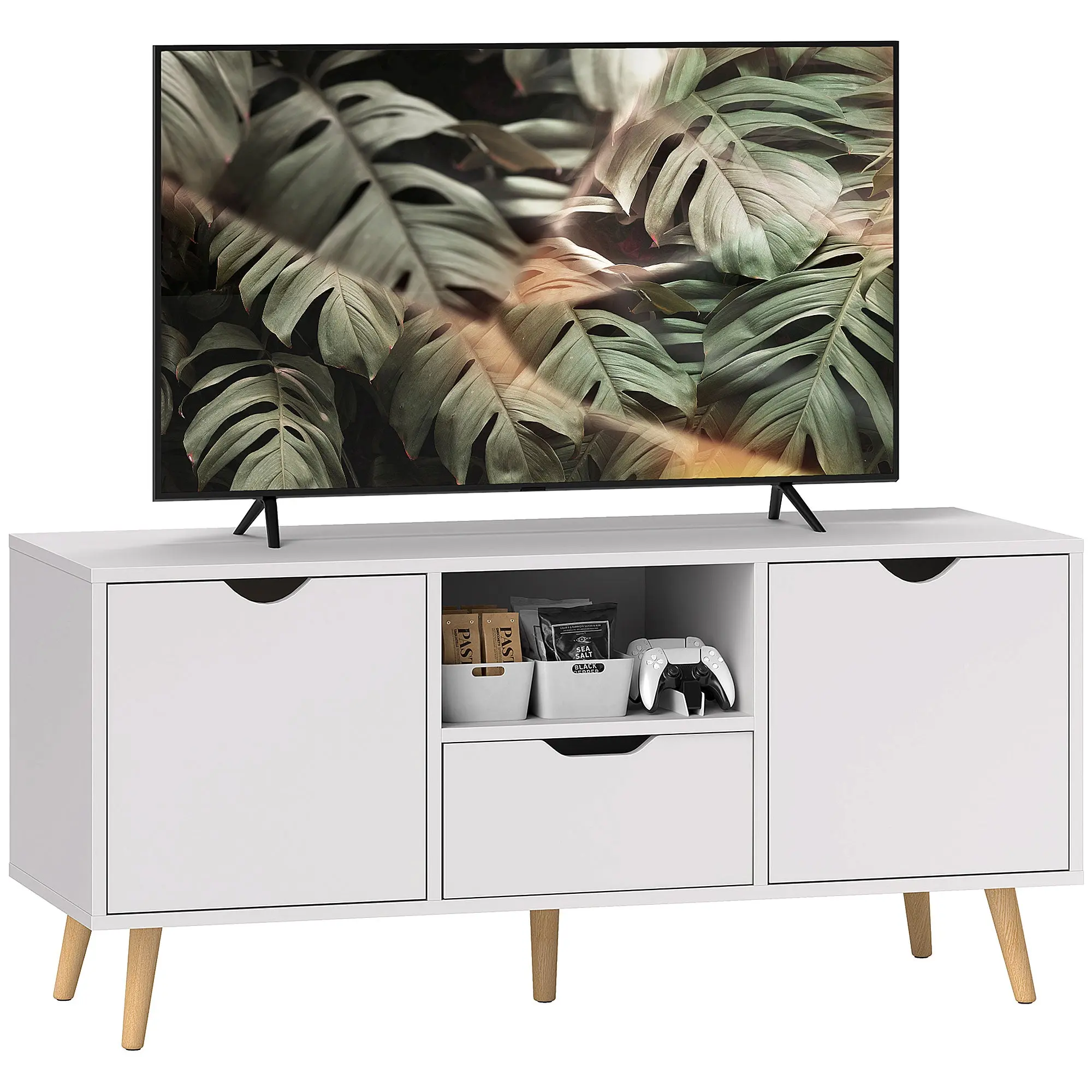 Modern TV Stand up to 50" with Drawer, Open Shelf, and 2 Cabinets, TV Stand with 5 Pine Wood Legs, 110x40x50 cm, White