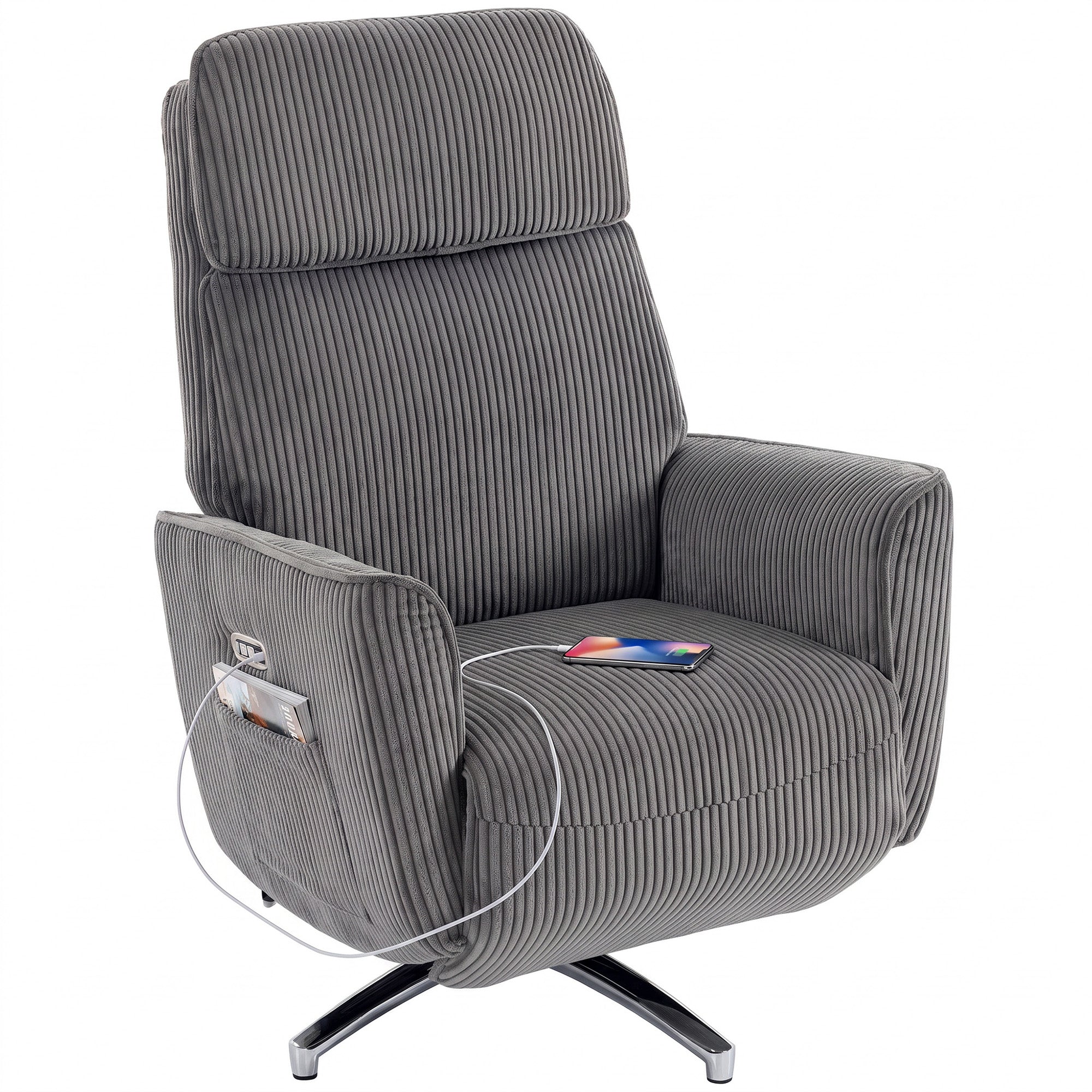 Fauteuil relax électrique HOMCOM – Double moteur, pivotant 360°, ports USB-A & USB-C, appuie-tête réglable, tissu effet velours côtelé, gris foncé