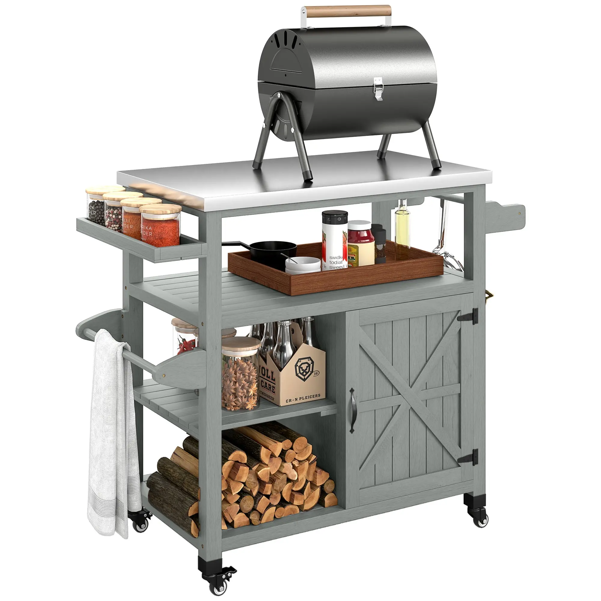 Outdoor Serving Cart — Wooden BBQ Island with Stainless Steel Top, Cabinet, Open Shelves, Spice Rack & Towel Holder, Gray