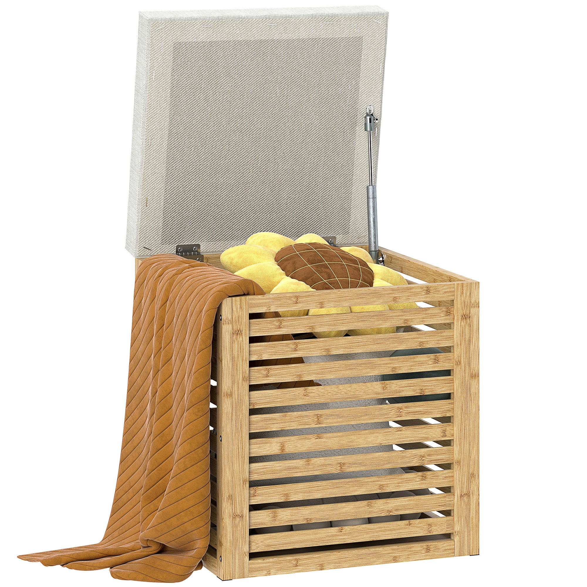 HOMCOM Späicherkëscht fir Schlofzëmmer 54.7L Gepolstert Späicherottoman aus syntheteschem Leinen mat Këssen Bamboo Ramm fir Entrée an Wunnzëmmer 40x40x47 cm Giel an Natural