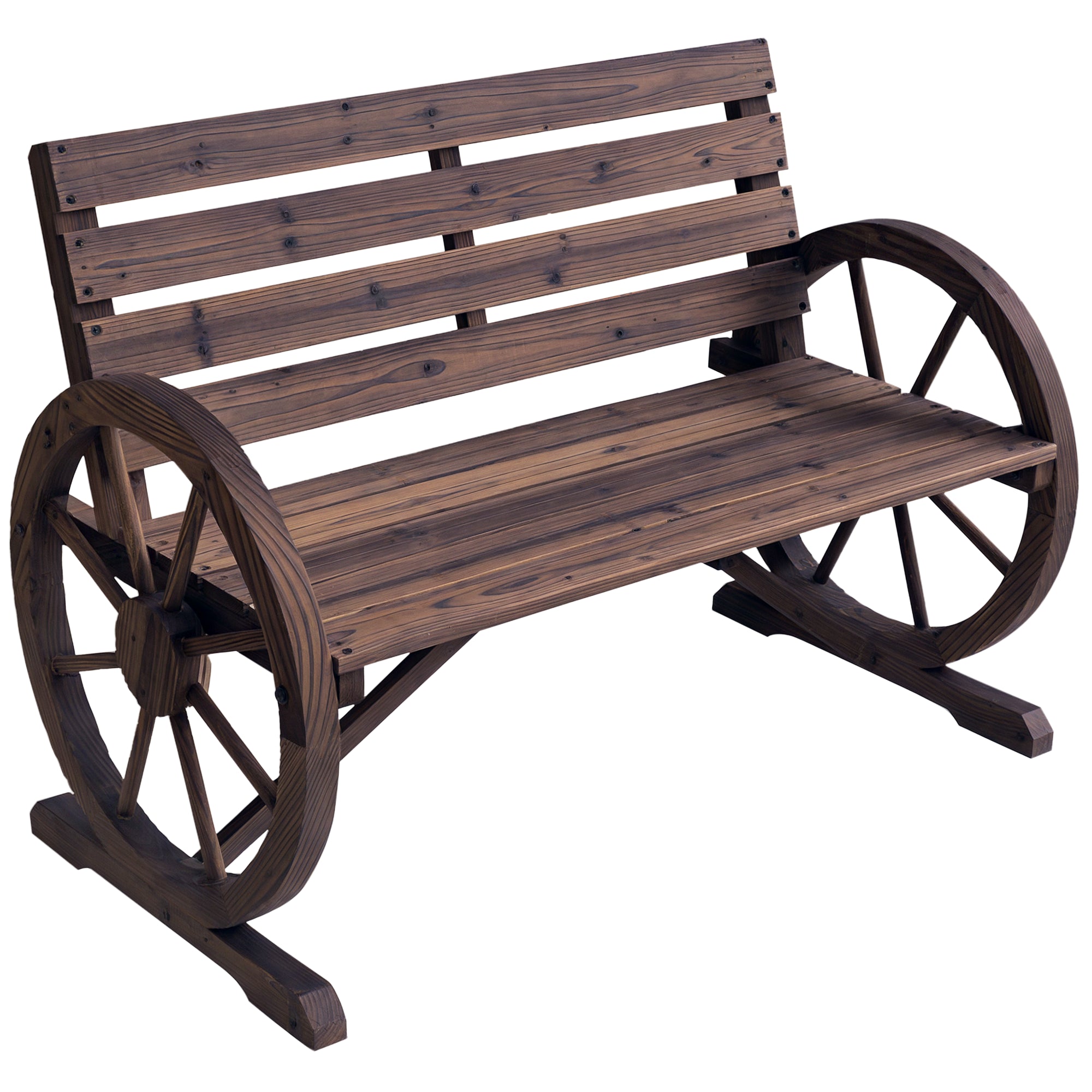 Wooden Garden Bench Rustic Wagon Wheel Bench Outdoor Patio Bench with Cartwheel Armrests Solid Fir Wood Park Bench for Garden Porch Terrace 105.5 cm Rustic Brown