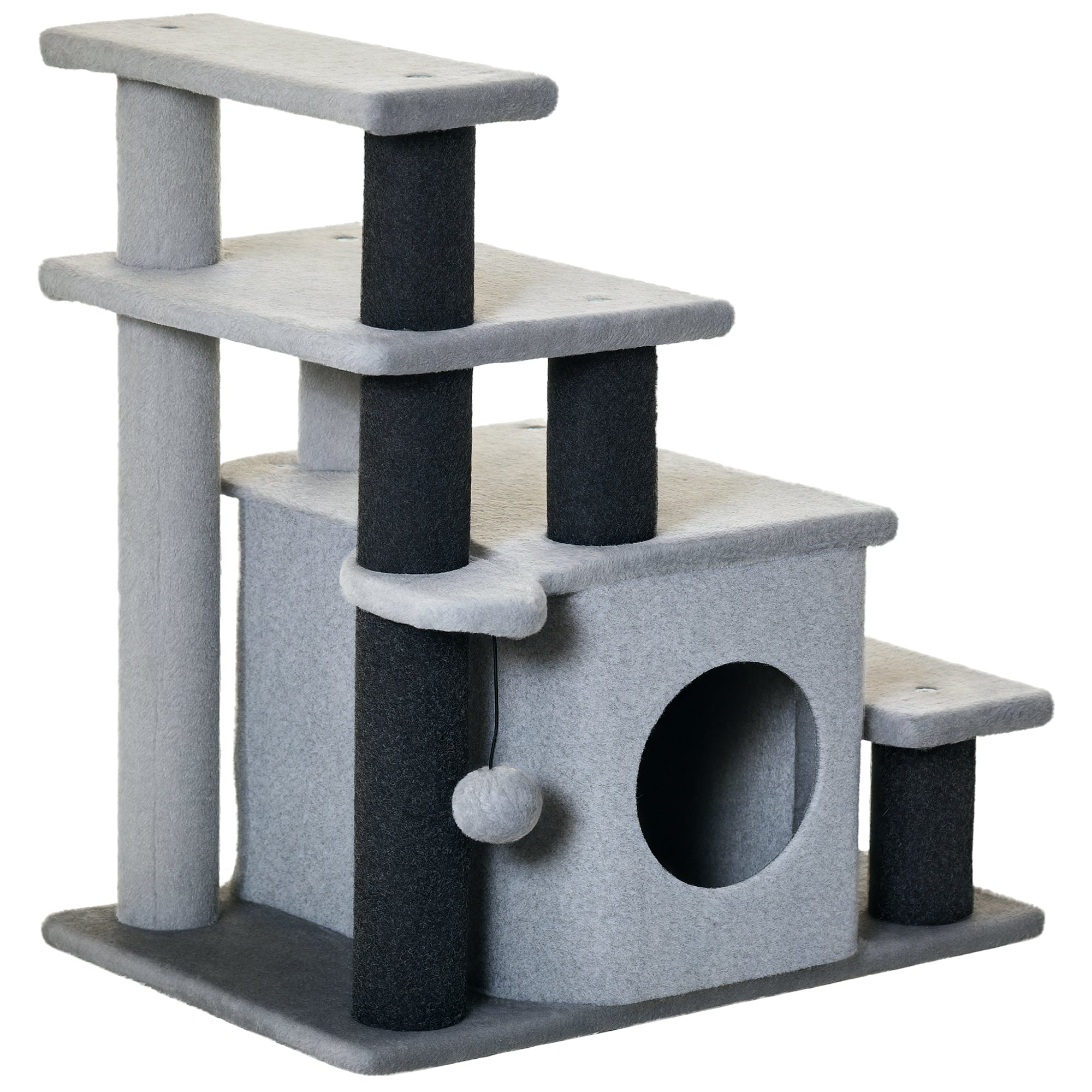 PawHut Hundetreppe 3/4 Stufen 66 cm Hoch mit Schlafhöhle, Rampe, Spielball, Katzentreppe für mittelgroße Katzen und Hunde als Zugangshilfe für Bett, Sofa, Couch, Grau