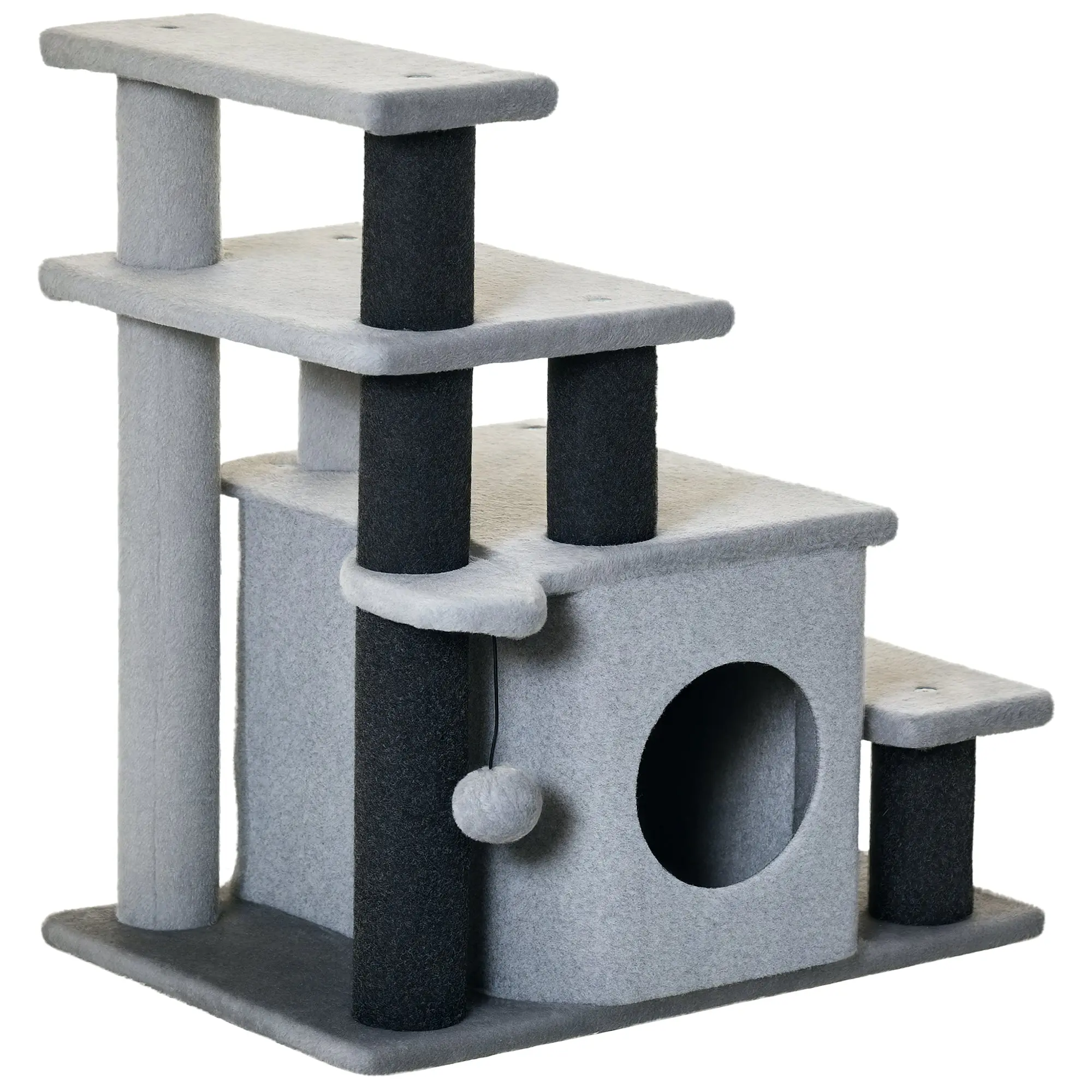 Dog Stairs 3/4 Steps 66 cm High Pet Stairs with Sleep Cave, Ramp, Toy Ball, Cat Stairs for Medium-sized Cat Dog Ramp Accessory for Bed, Sofa, Couch, Gray