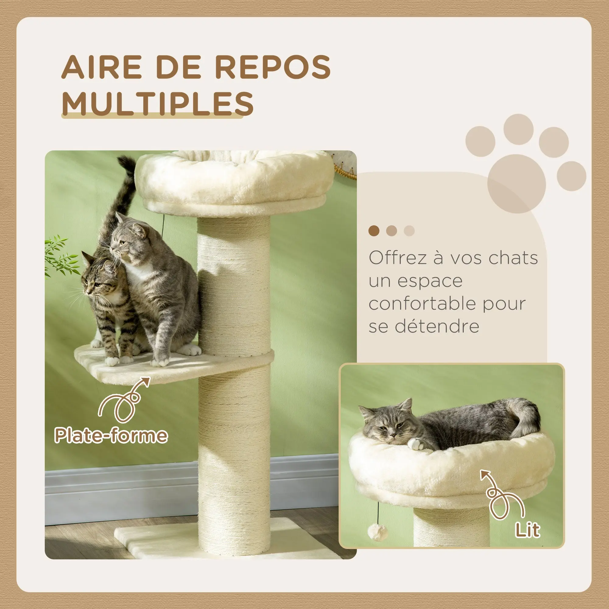 Natural Sisal Cat Tree Scratching Post with 2 Platforms Observation Basket Hanging Ball Plush Beige