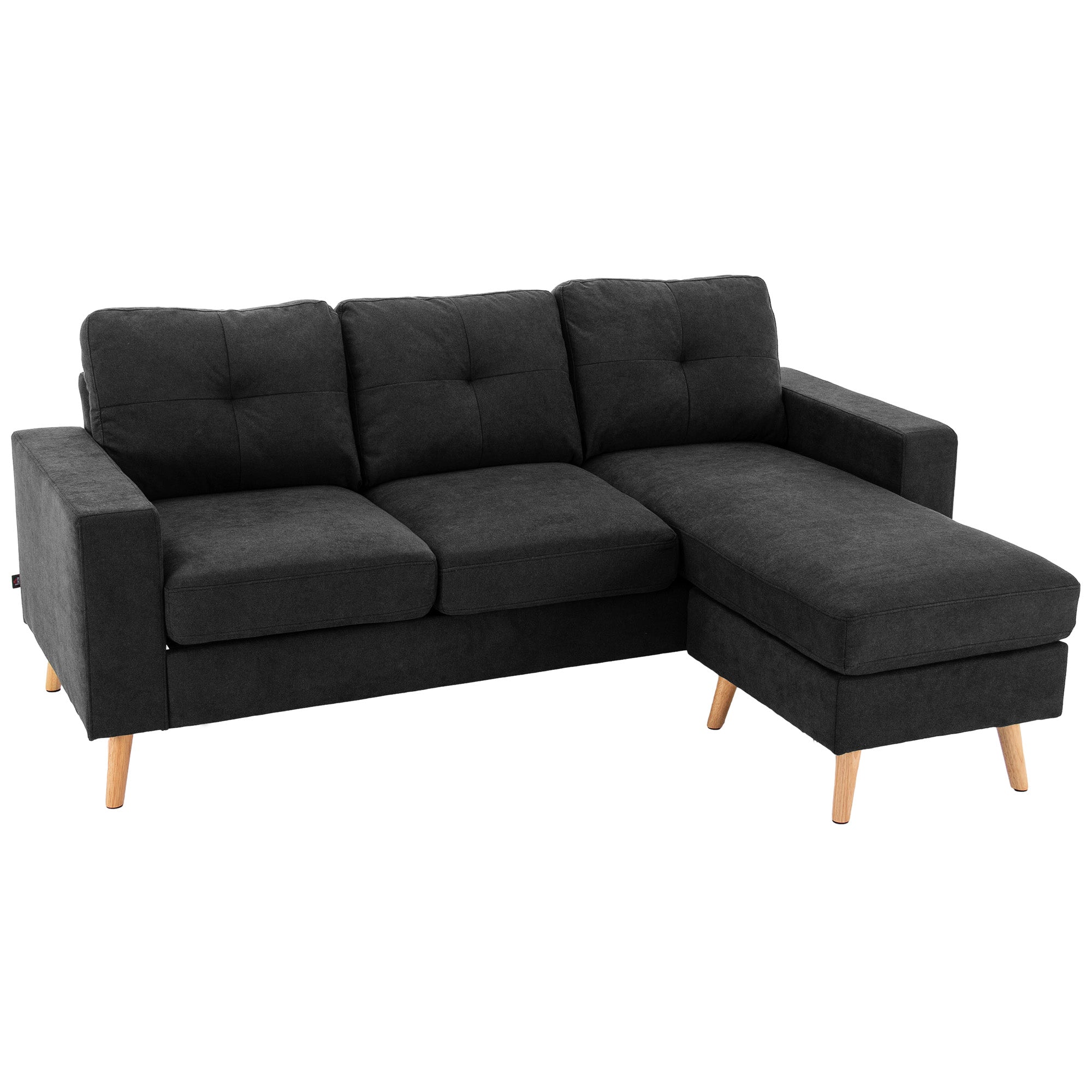 HOMCOM L formos audinės sofa, kampinė sofa su pufu, skirta 3 žmonėms, juoda, 193 x 136 x 85 cm