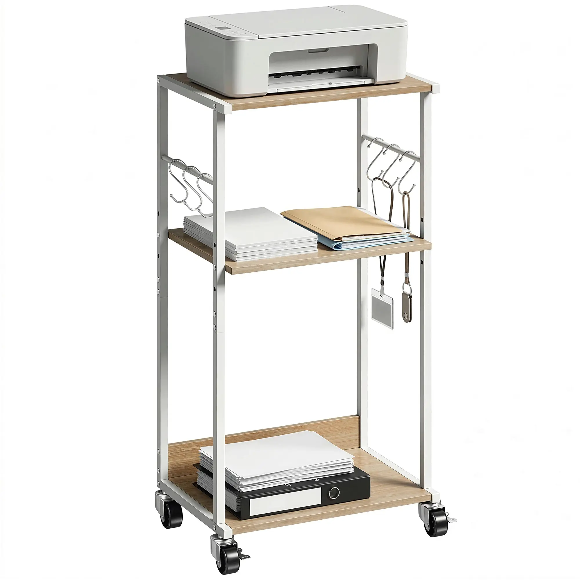 3-Tier Printer Stand with Wheels & Side Hooks, Metal Frame, Natural Wood Finish