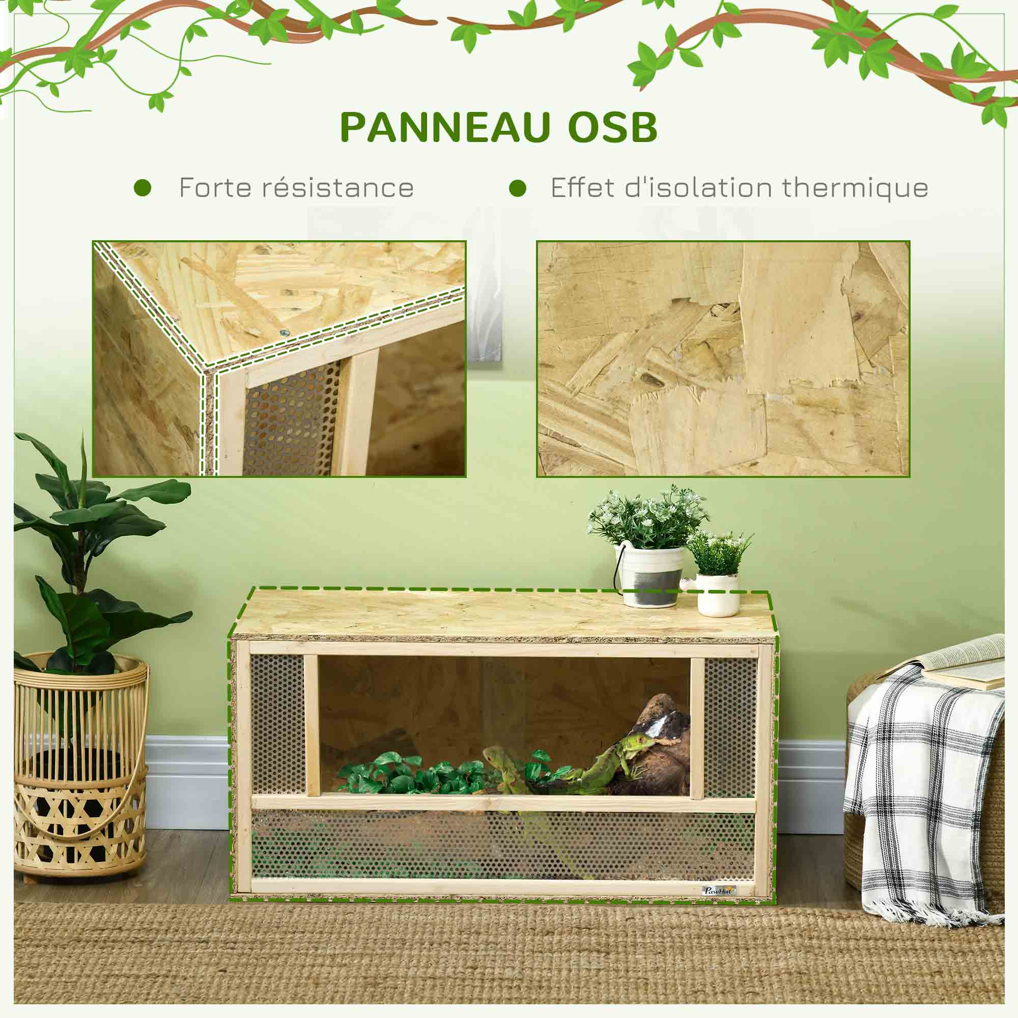 PawHut OSB Holzterrarium für Reptilien und Amphibien mit Schiebetür - 80 x 40 x 40 cm Natur