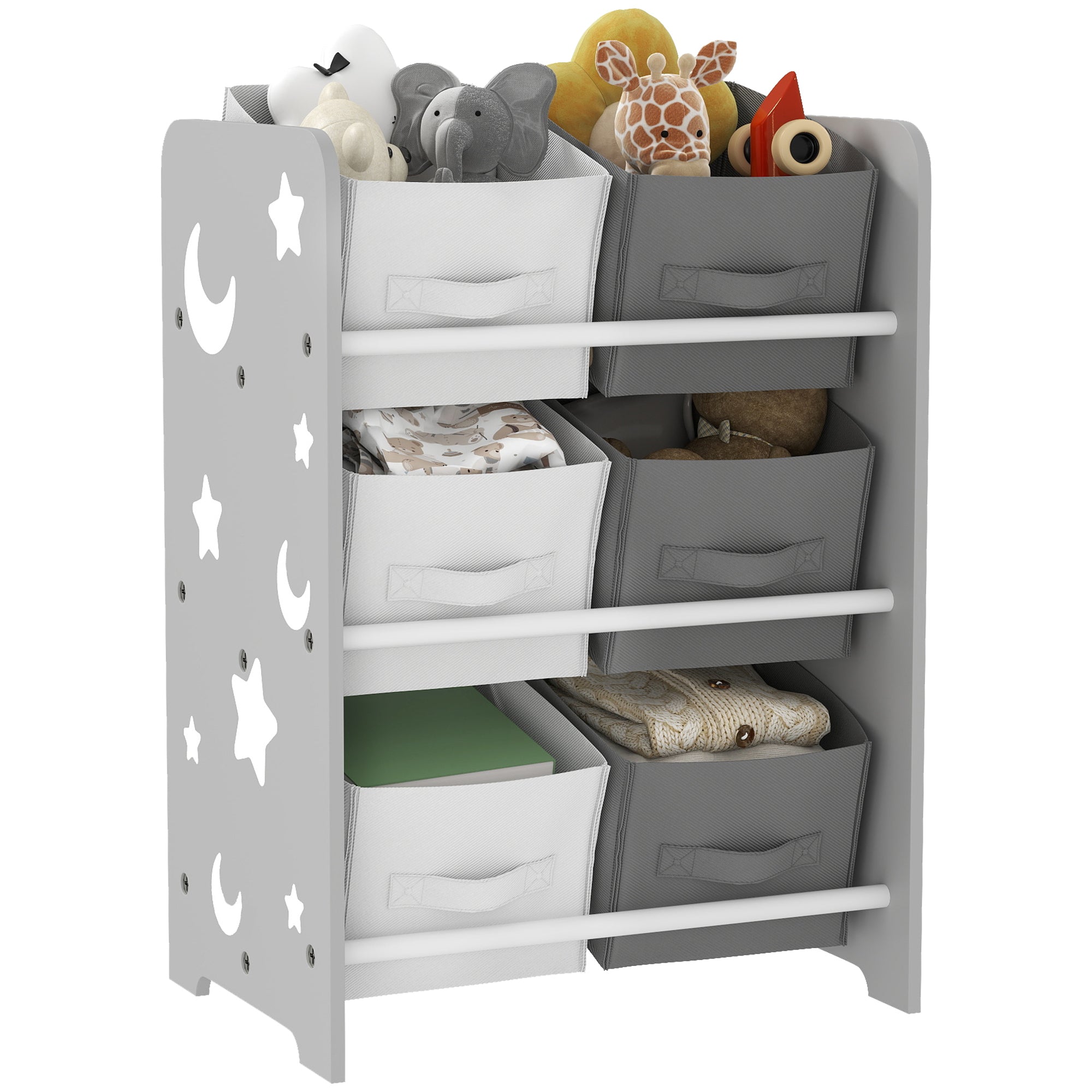 AIYAPLAY Kinderboekenkast voor Kinderen 3+ Speelgoedrek met 6 Verwijderbare Non-Woven Opbergdozen Voor Kamer, 43x30x60 cm Grijs