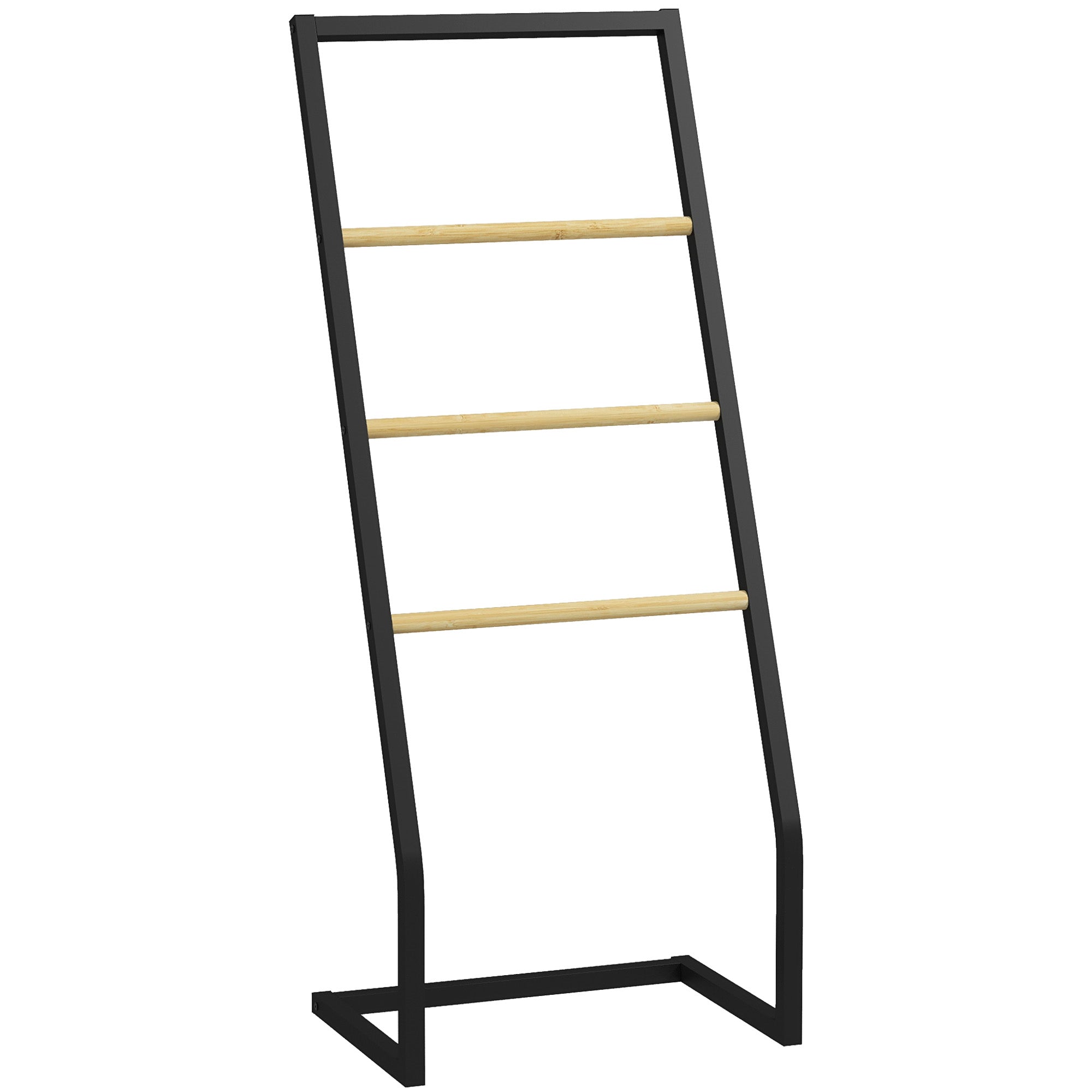 Porte-serviettes HOMCOM Autoportant pour Salle de Bain avec 4 Barres en Bambou et Acier 40,5x28x98 cm Noir et Naturel