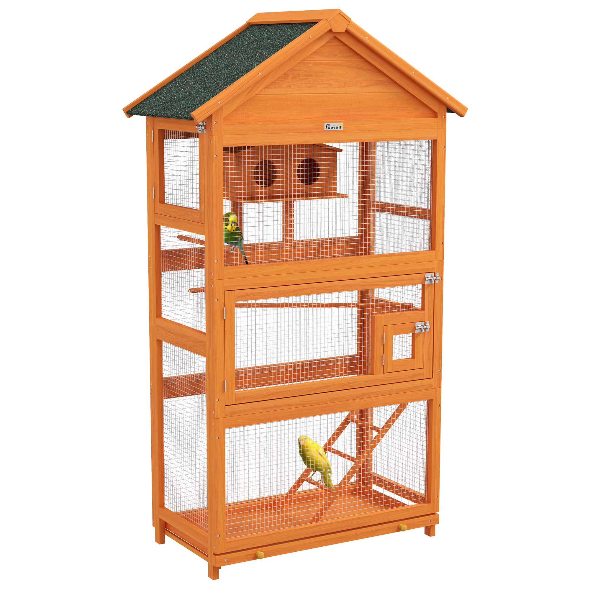Outdoor Wooden Bird Aviary with Asphalt Roof, Large Bird Cage with Nest Box, Perches, Ladder, Multiple Doors and Removable Tray, 92 x 52 x 171 cm, Orange