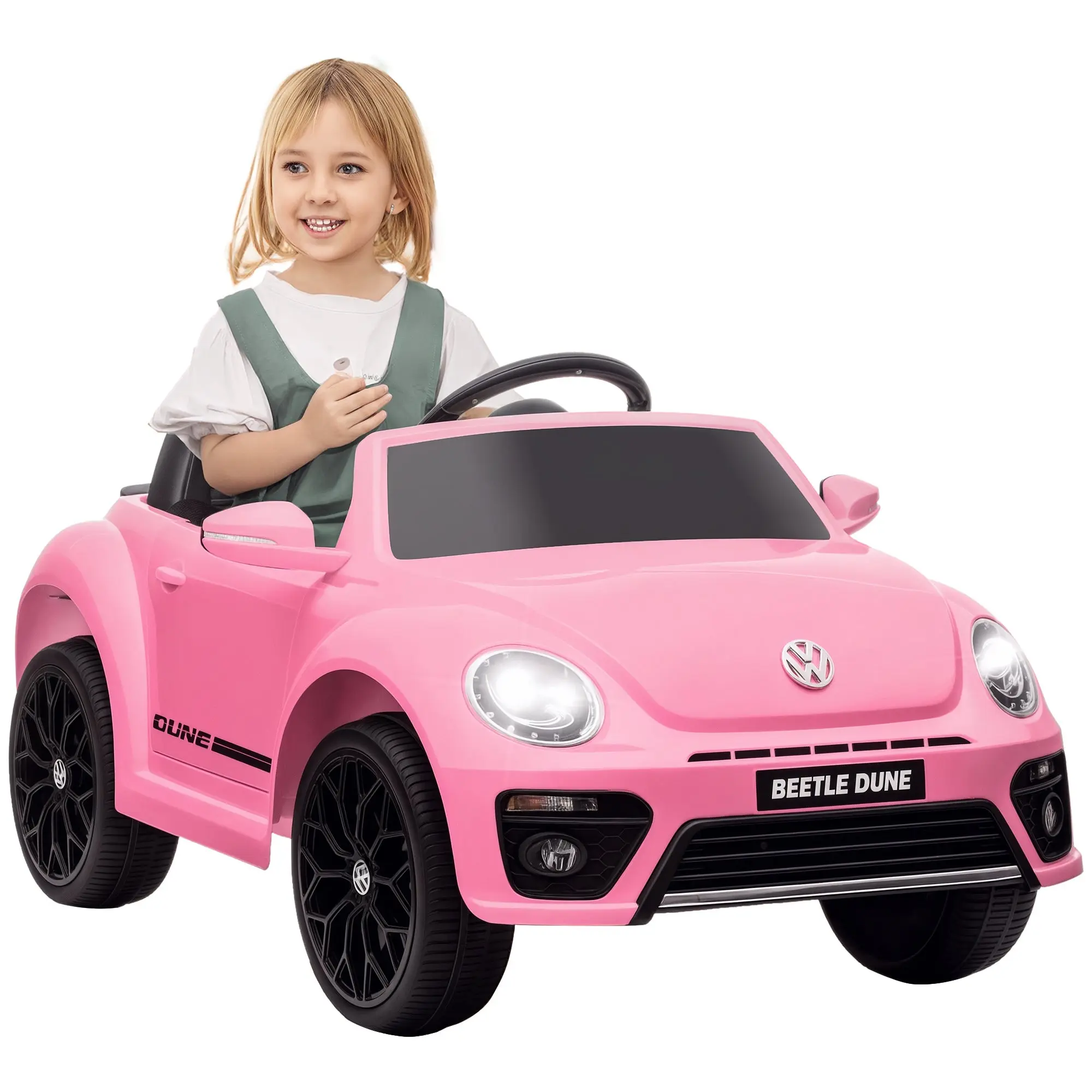 Kids Electric Car 12V Volkswagen Beetle Kids Car with 2.4G Remote Control, Music, Horn, Electric Vehicle with LED Lights, USB/MP3 Connection, 3-5 km/h, for Kids 3-5 Years, Pink