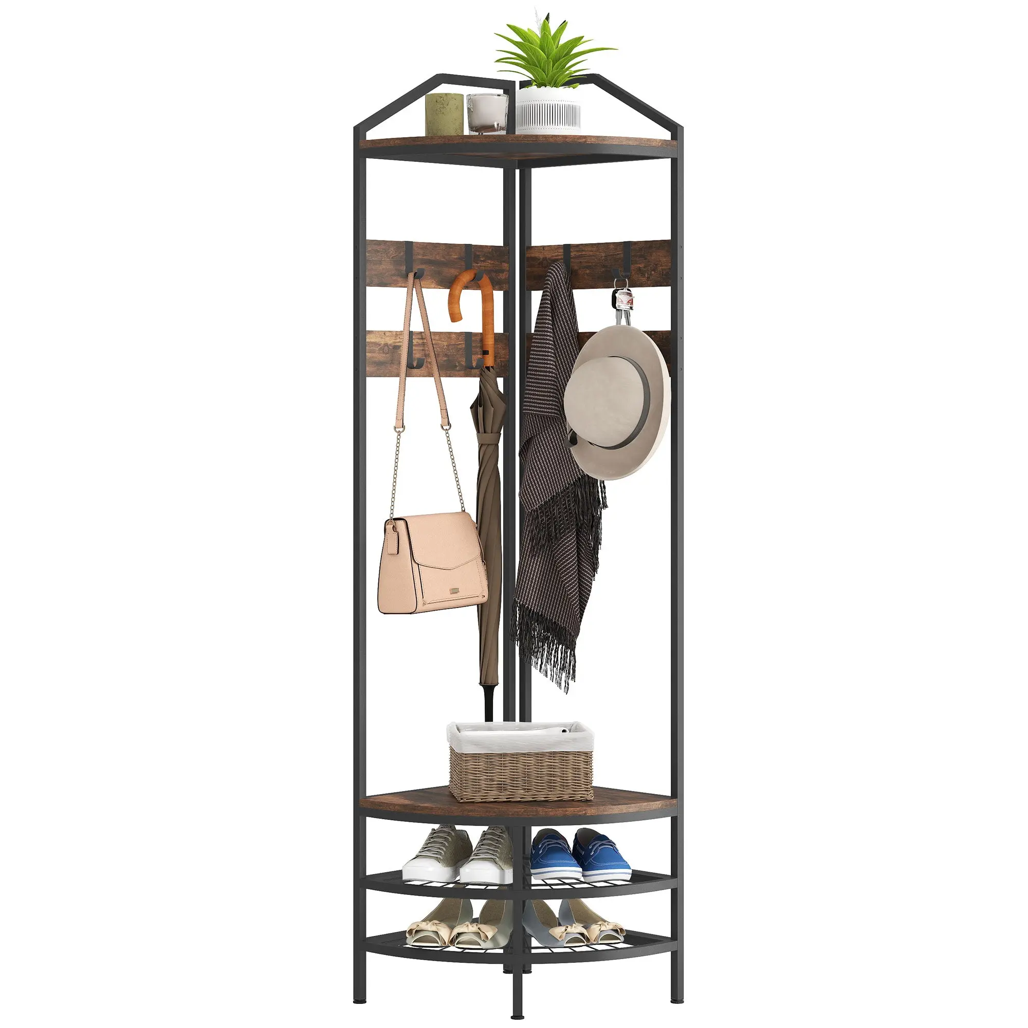 Corner Hall Tree — 4-Tier Entryway Organizer with 8 Removable Hooks & 2-Tier Shoe Rack, Industrial Rustic Brown