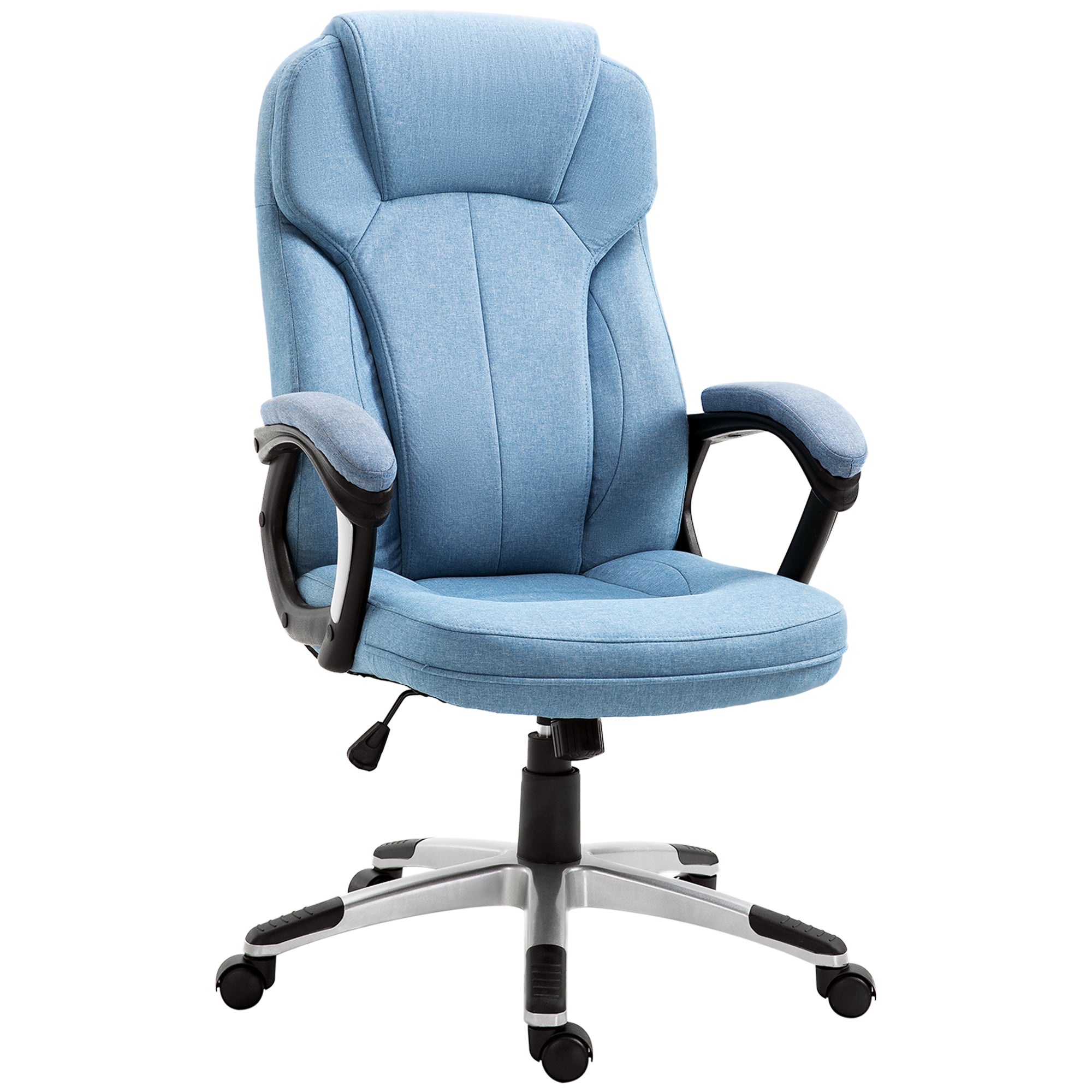 Vinsetto Bürostuhl Computerschaukelstuhl Héchstjustéierbar Schwankfunktioun mat Kappstuerm an gepolsterten Armstëtzer Ergonomesch Liicht Blo Linnen 66 x 75 x 110–120 cm