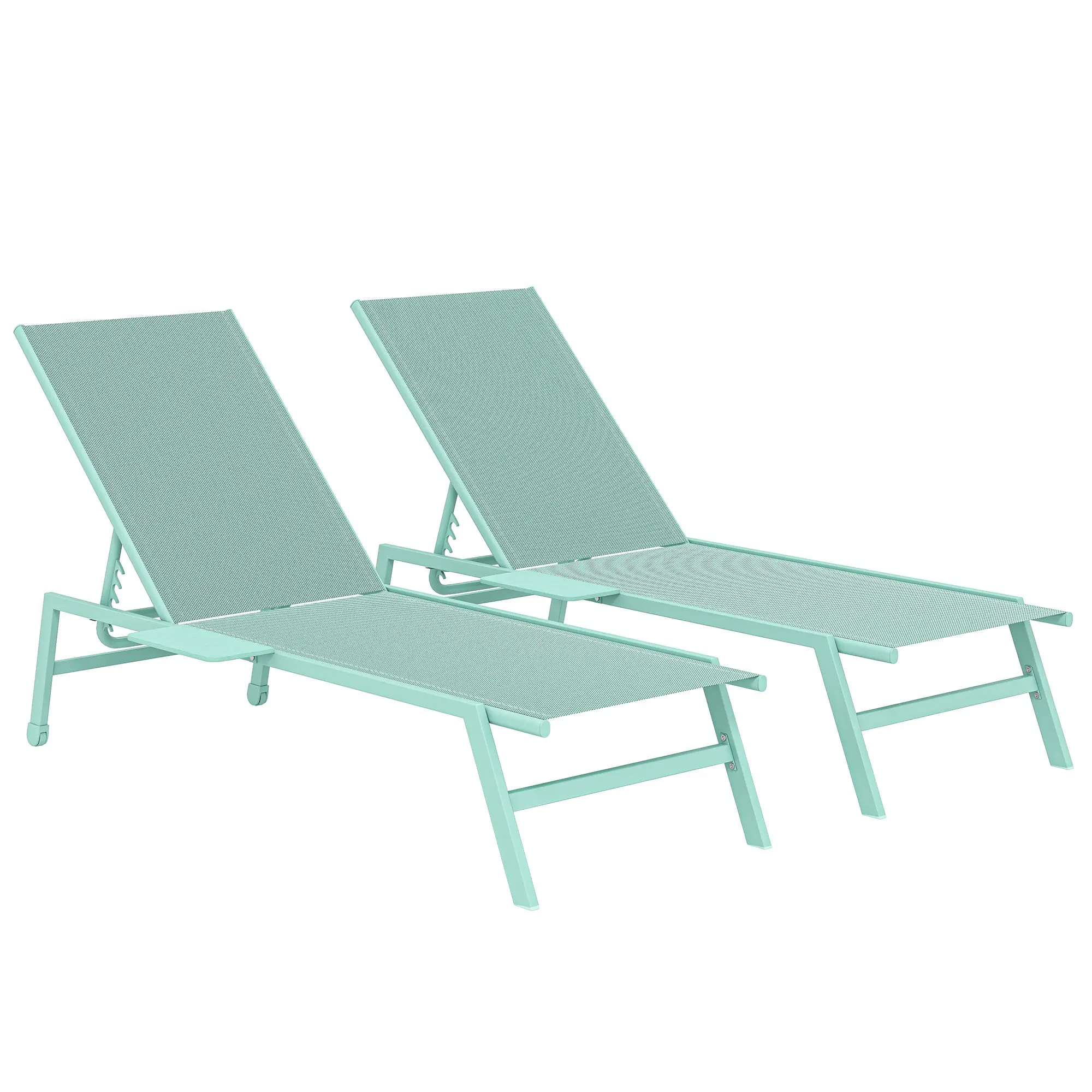 2-Piece Garden Sun Lounger Set with Side Table, 5-Position Adjustable Backrest, Texteline Recliners with Wheels for Beach Pool Patio, 29 x 75 x 14 in, Green