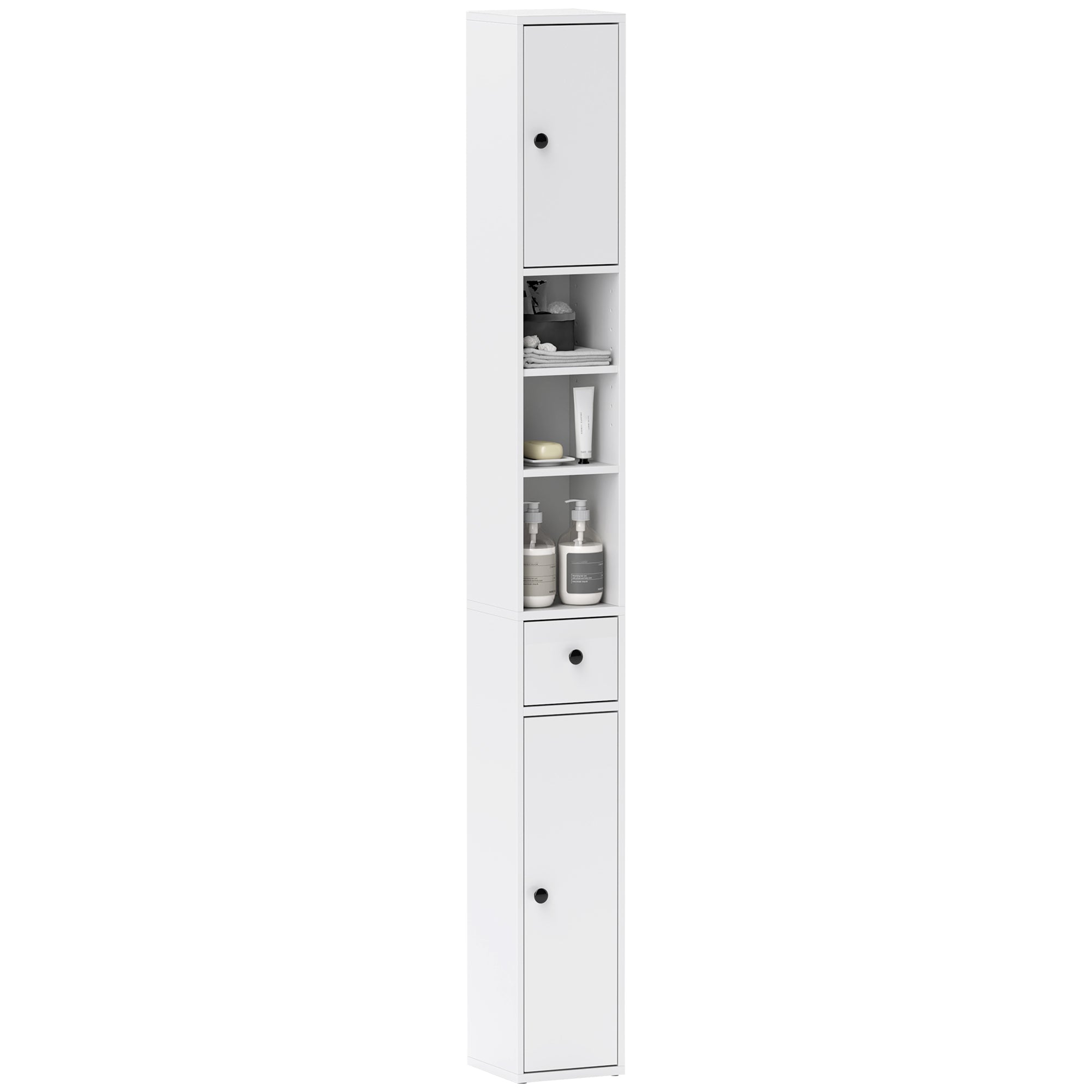Space-Saving Bathroom Column with 2 Cabinets, 3 Open Shelves, and Drawer, Bathroom Cabinet with 8-Level Adjustable Shelves in Wood, 20x20x178 cm, White