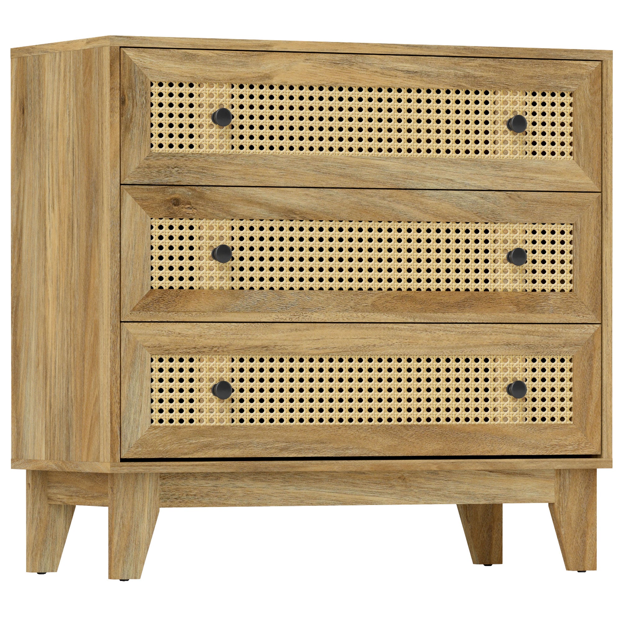 HOMCOM 3-Fiókos Tárolószekrény Rattan Cane 80 x 35 x 76 cm Világos Fa Megjelenés