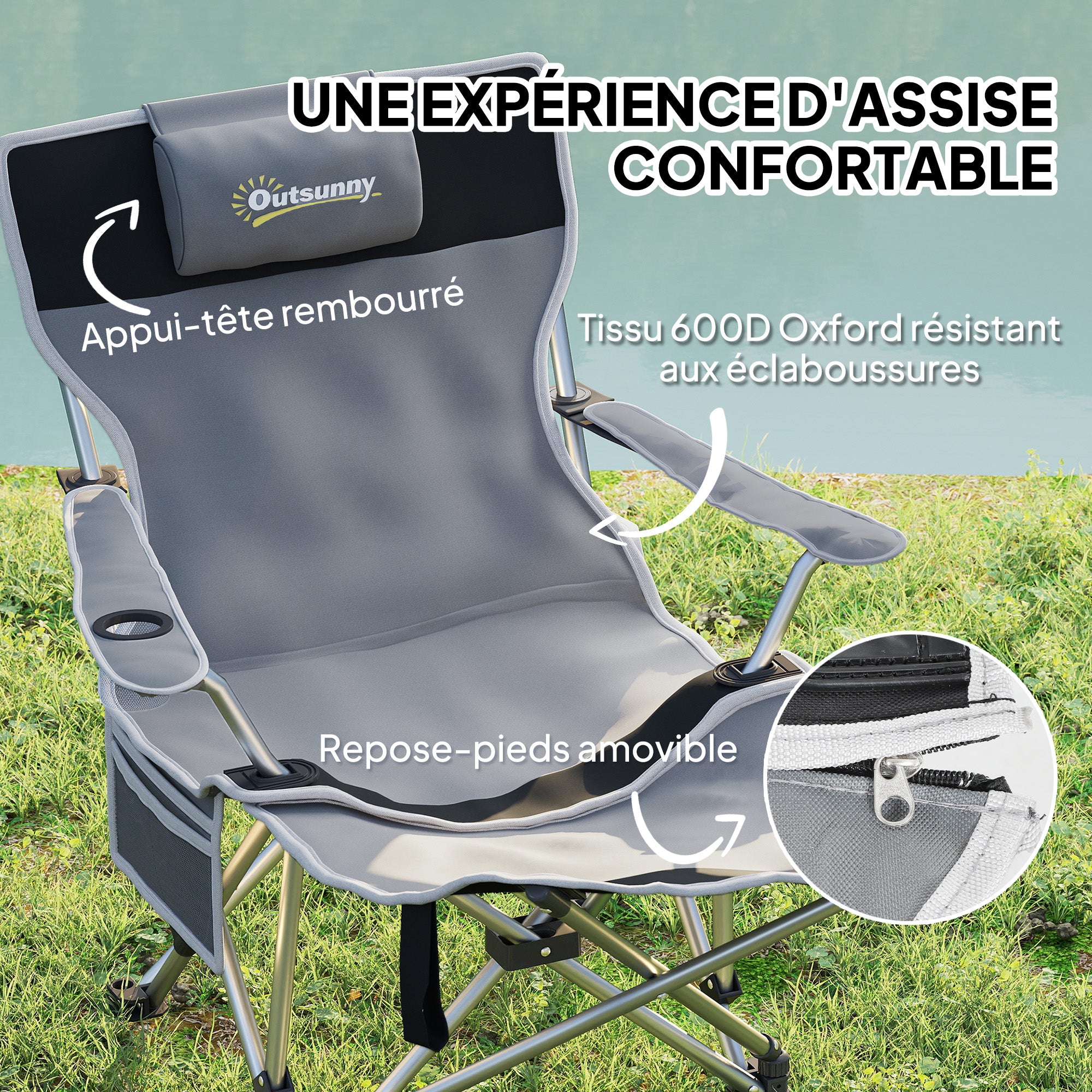 Outsunny Klapp-Campingstuhl, Angelstuhl mit abnehmbarem Fußstütze, Kopfstütze, Getränkehalter und Tragetasche, Liegestuhl für Outdoor am Strand, Picknick, Grau