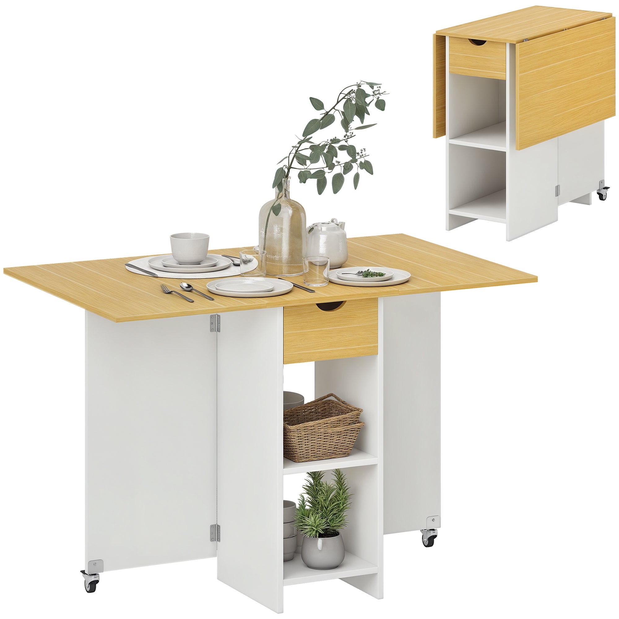 HOMCOM Ausziehbarer Esstisch, Klapptisch für 2-4 Personen, Moderner platzsparender Küchentisch mit Schublade, 2 Regalen und 2 Rollen, aus Holz, 114,5x70x75 cm, Eiche