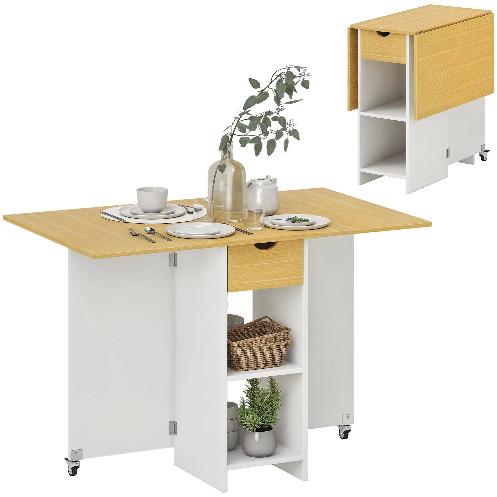 Folding Dining Table, Drop Leaf Table for 2-4 People, Modern Space-Saving Kitchen Table with Drawer, 2 Shelves, and 2 Wheels, in Wood, 114.5x70x75 cm, Oak