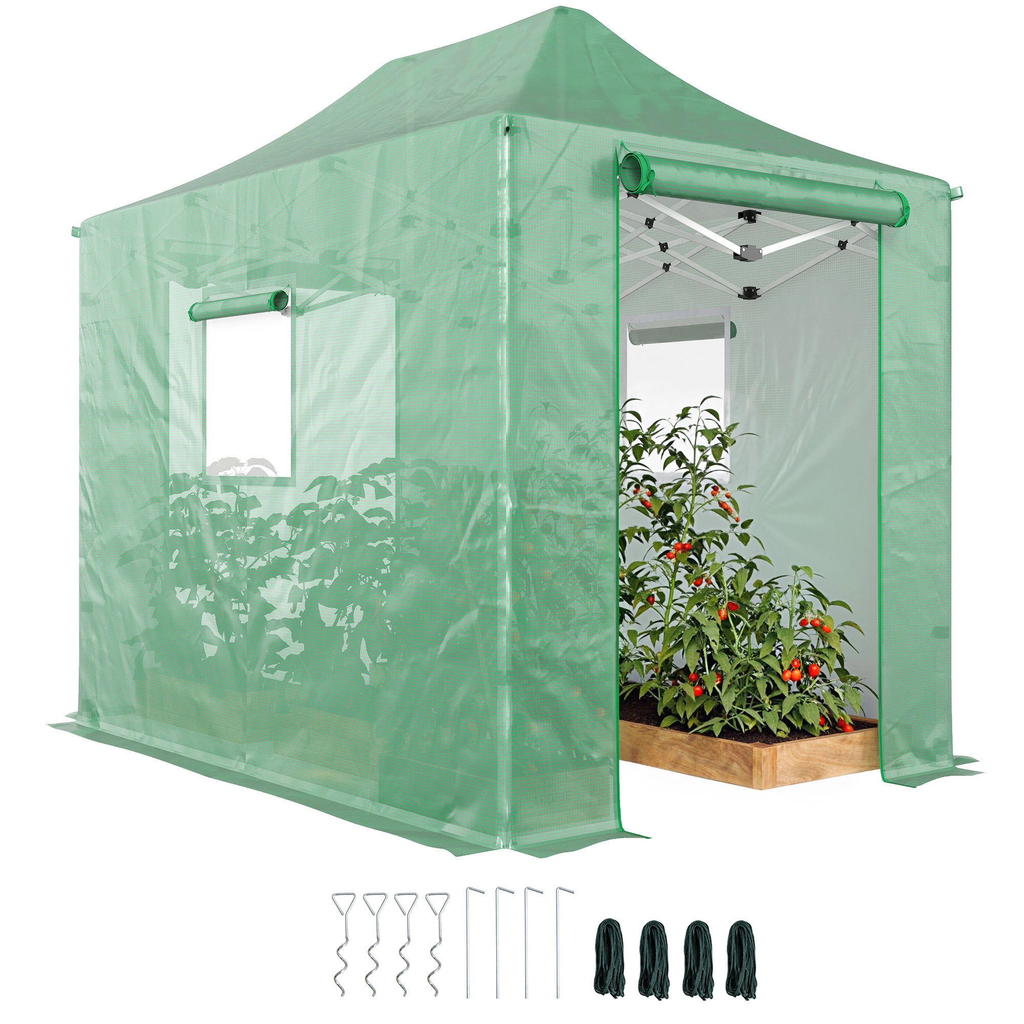 Outsunny sulankstomas greitai pastatomas šiltnamis, 295×200×270 cm (PE tunelis) su frontoniniu stogu, užtraukiamomis į ritę durimis ir tinkleliais, tvirta metalinė konstrukcija — žalia
