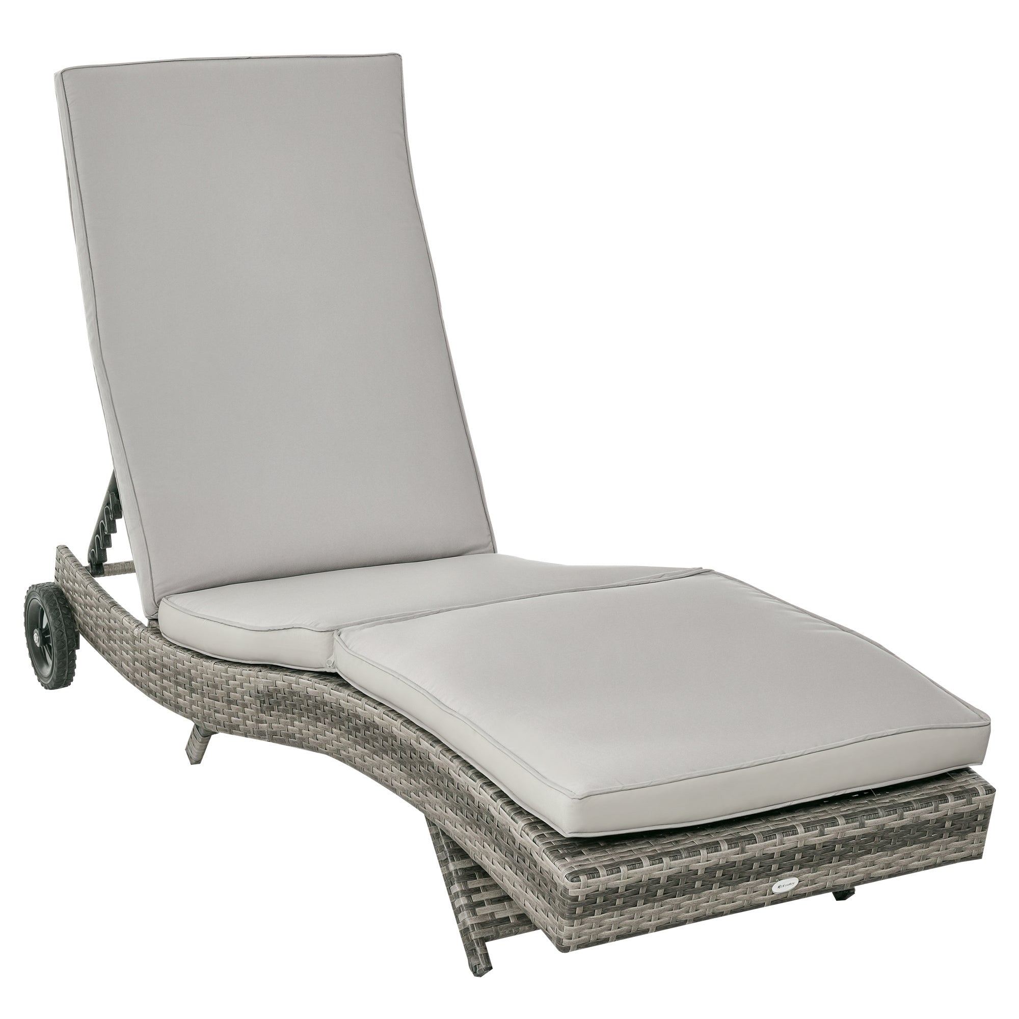 Transat de jardin Outsunny en rotin, transat en forme de S avec 2 roues, dossier réglable en 5 positions et coussin amovible pour terrasse 207x70x70 cm Gris clair