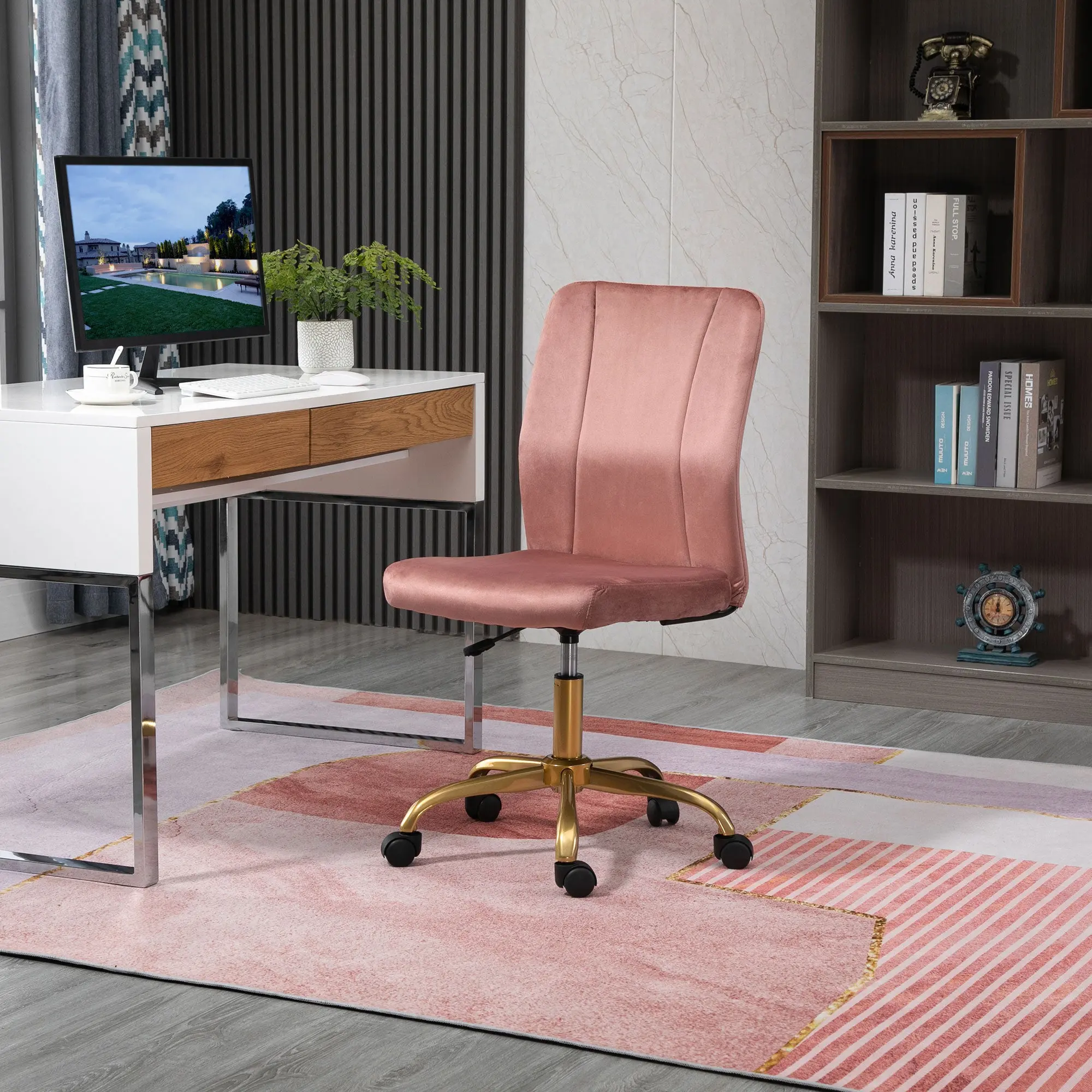 Contemporary Design Office Chair Swivel 360° Ergonomic Curved Backrest Adjustable Height Velvet Upholstery 56 x 60 x 102 cm Pink and Gold