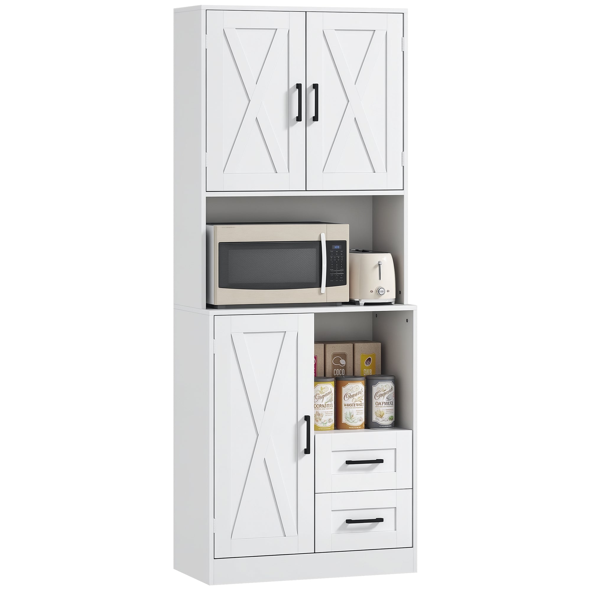 Rustic Kitchen Pantry Kitchen Cabinet Kitchen Storage Cabinet with 3 Doors Open Compartments 2 Drawers Cable Hole and Adjustable Shelves 70x40x180 cm White