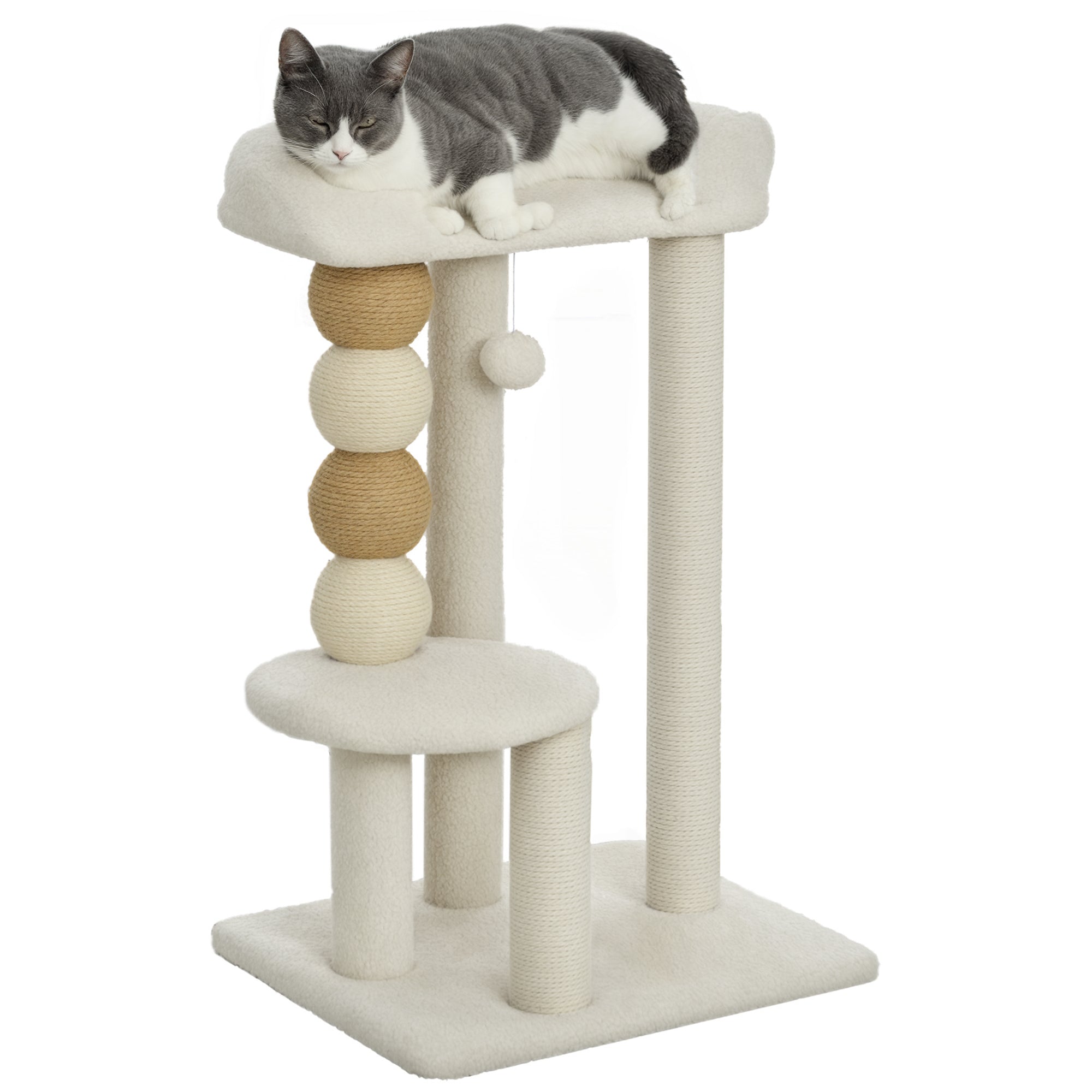 PawHut Kat Kradsestativ Højde 76 cm Katte Tårn med Sherpa Foring, Platforme, Hængende Bold og Jute Post Beige