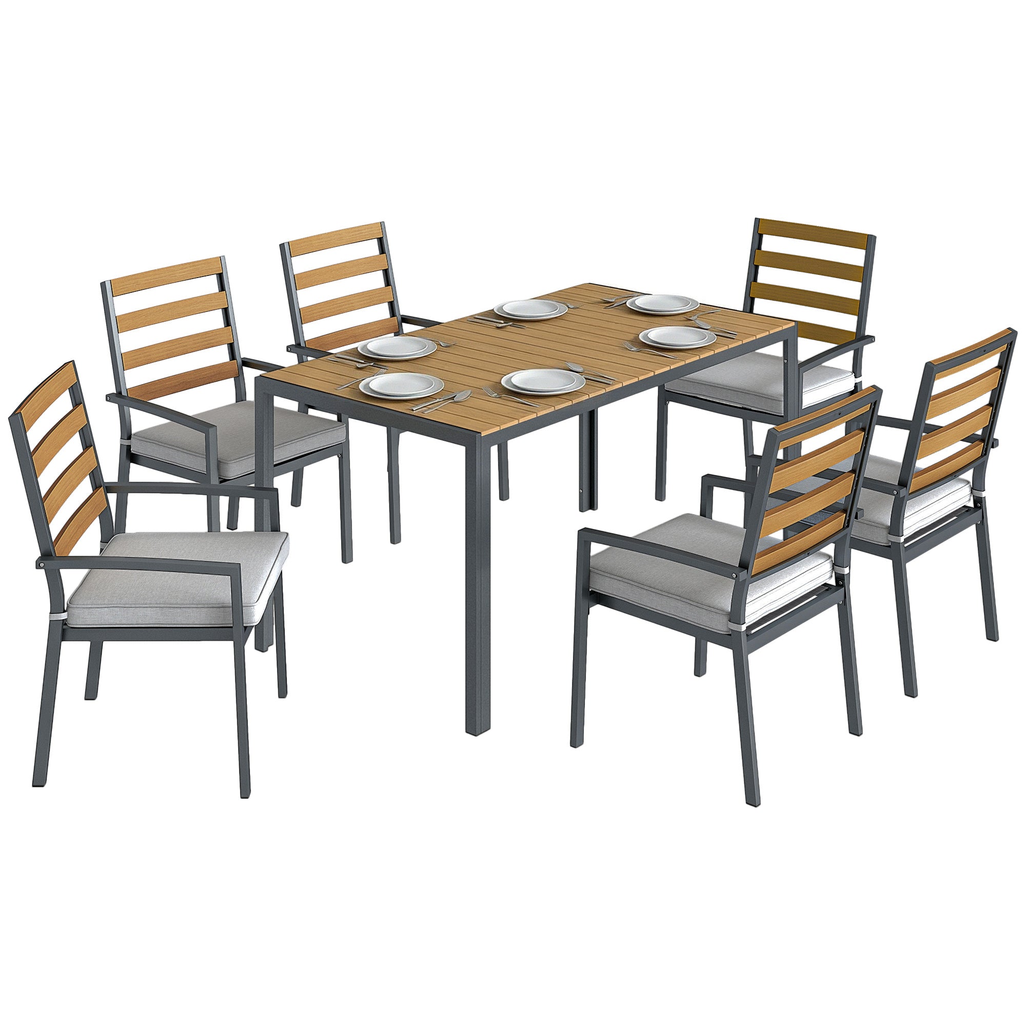 Outsunny 7-teiliges Garten-Essset — 1 Tisch & 6 gepolsterte Stühle, Naturholz-Optik