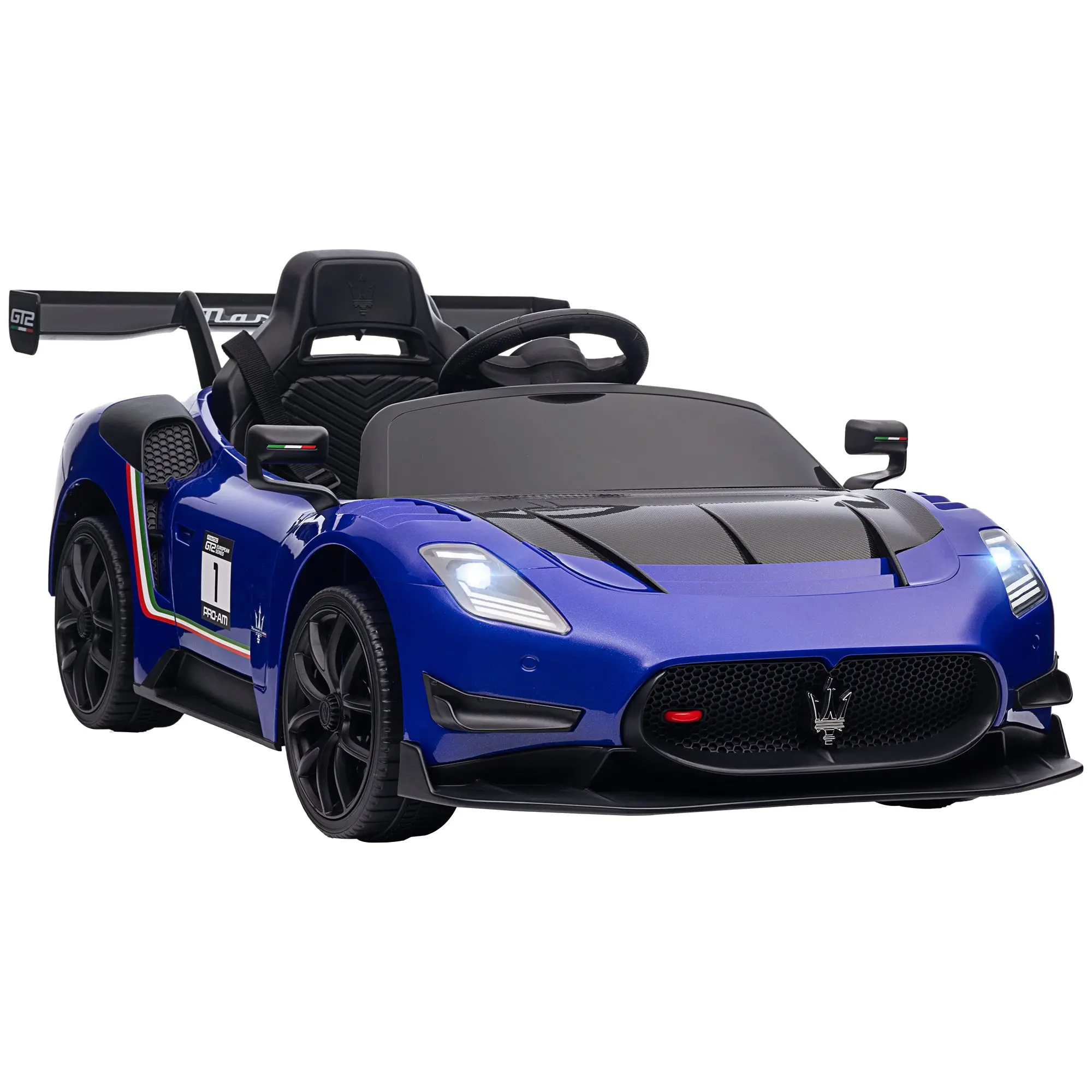Kids Electric Car 12 V Maserati GT2 Children's Car with 2.4G Remote Control, Music, Horn, Four Shock-Absorbing Wheels, Electric Vehicle with Lights, Training Wheels, 3-5 km/h, for Kids 3-5 Years, Blue