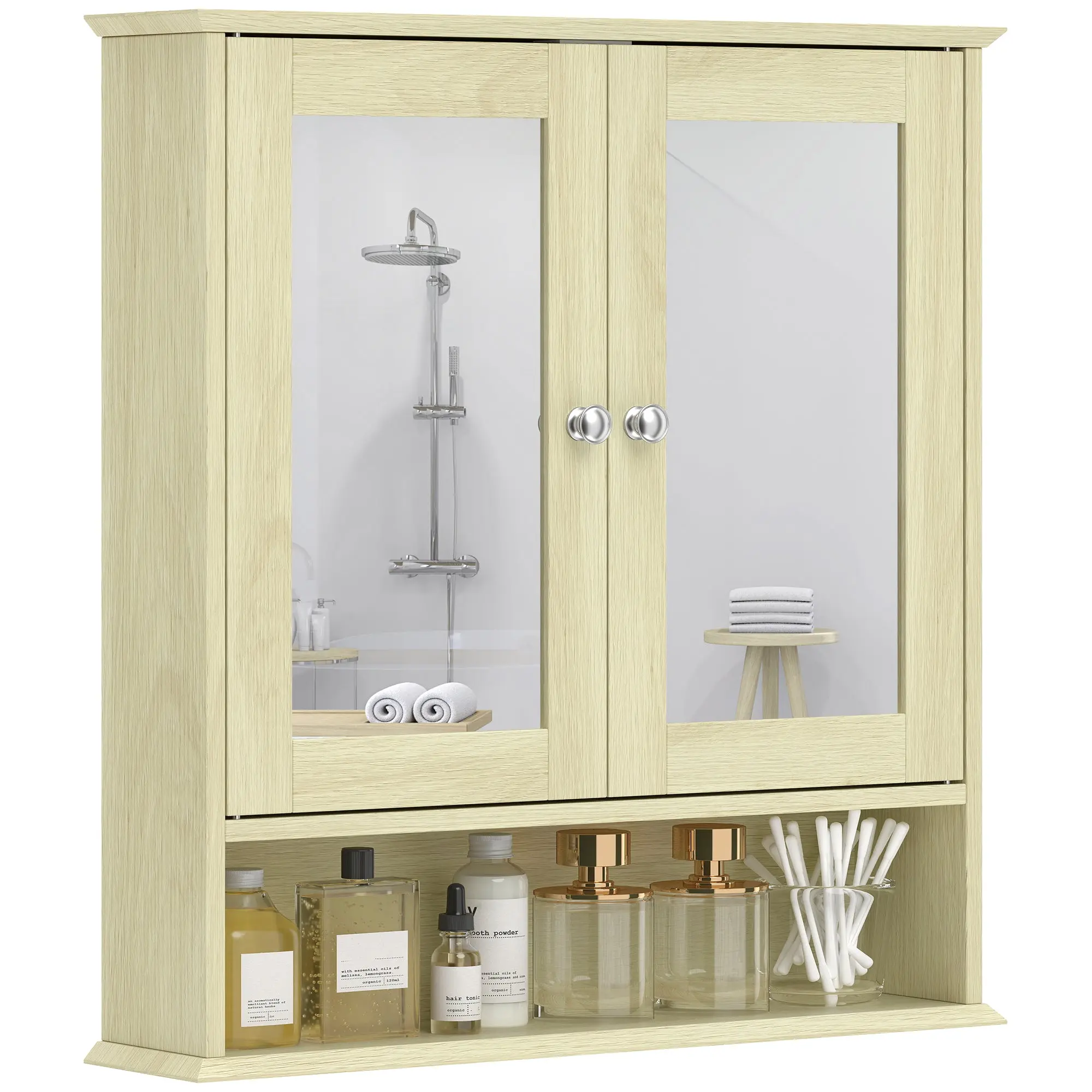 Wall-Mounted Bathroom Cabinet with Mirror, 2 Doors, Open Shelf, Adjustable Shelf, Wall Storage for Kitchen & Living Areas, 22.0 x 5.1 x 22.8 in (56 x 13 x 58 cm), Natural