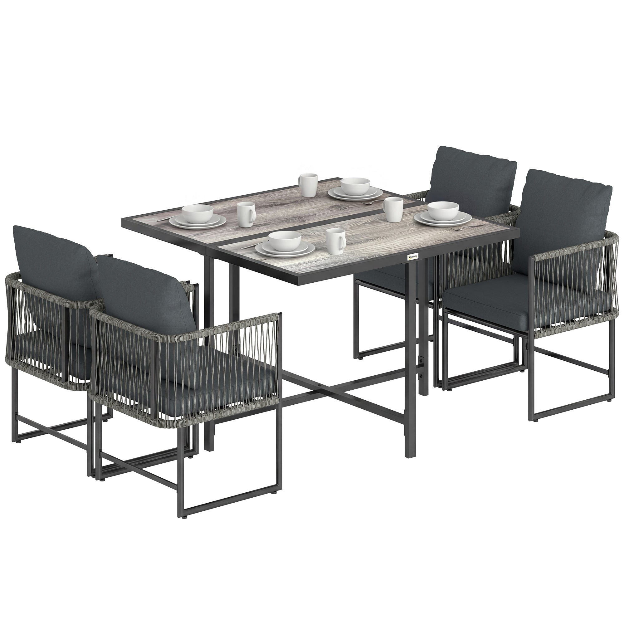 Outsunny 5-delige polyrattan tuinset — ruimtebesparende eettafelset met afneembare kussens, tweedelige DPC-tafel, 4-persoons voor tuin, balkon of terras
