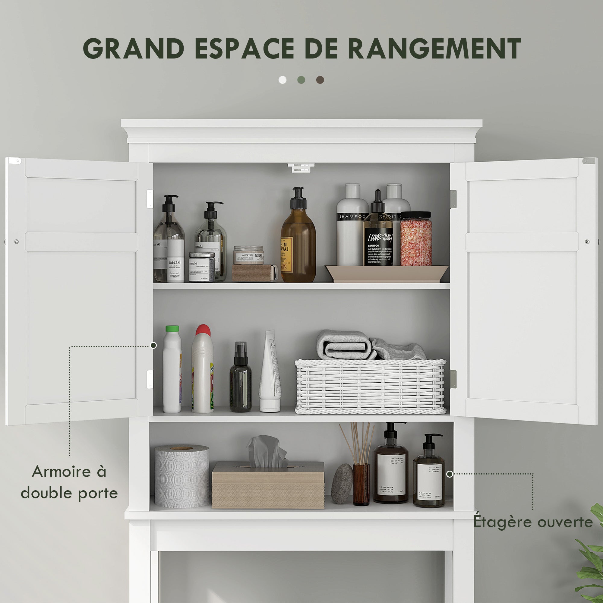 Over Toilet Storage Cabinet Bathroom Laundry Machine Shelf Bathroom Storage with Compartment, Double Door Cabinet, Adjustable Shelves - 70 x 20 x 175 cm, White