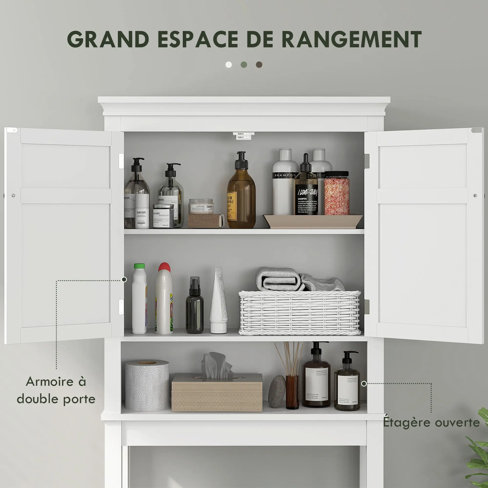Over Toilet Storage Cabinet Bathroom Laundry Machine Shelf Bathroom Storage with Compartment, Double Door Cabinet, Adjustable Shelves - 70 x 20 x 175 cm, White